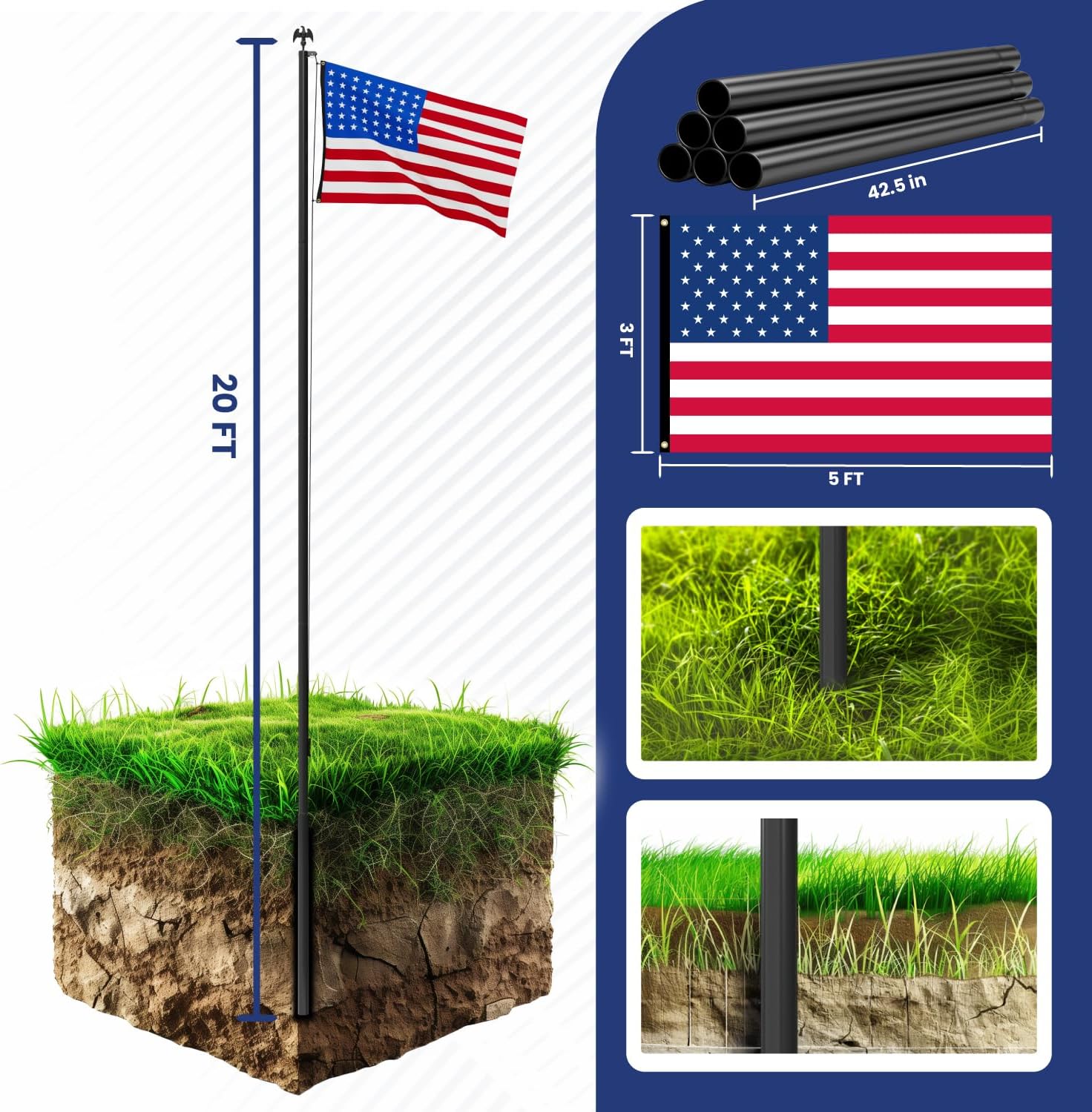 Heavy Duty 20 FT Flag Pole,Flag Pole for Outside House 12 Gauge Extra Thick Aluminum Flagpole Kit In Ground with 3x5 American Flag,Inground Flag Poles Residential Commercial - Image 4