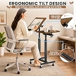Elowen Double-Pole Portable Rolling Laptop Standing Desk with Wheels, Mobile Tilting Overbed Bedside Table, Large-Size Adjustable Height Laptop Table for Office Home Use, Brown