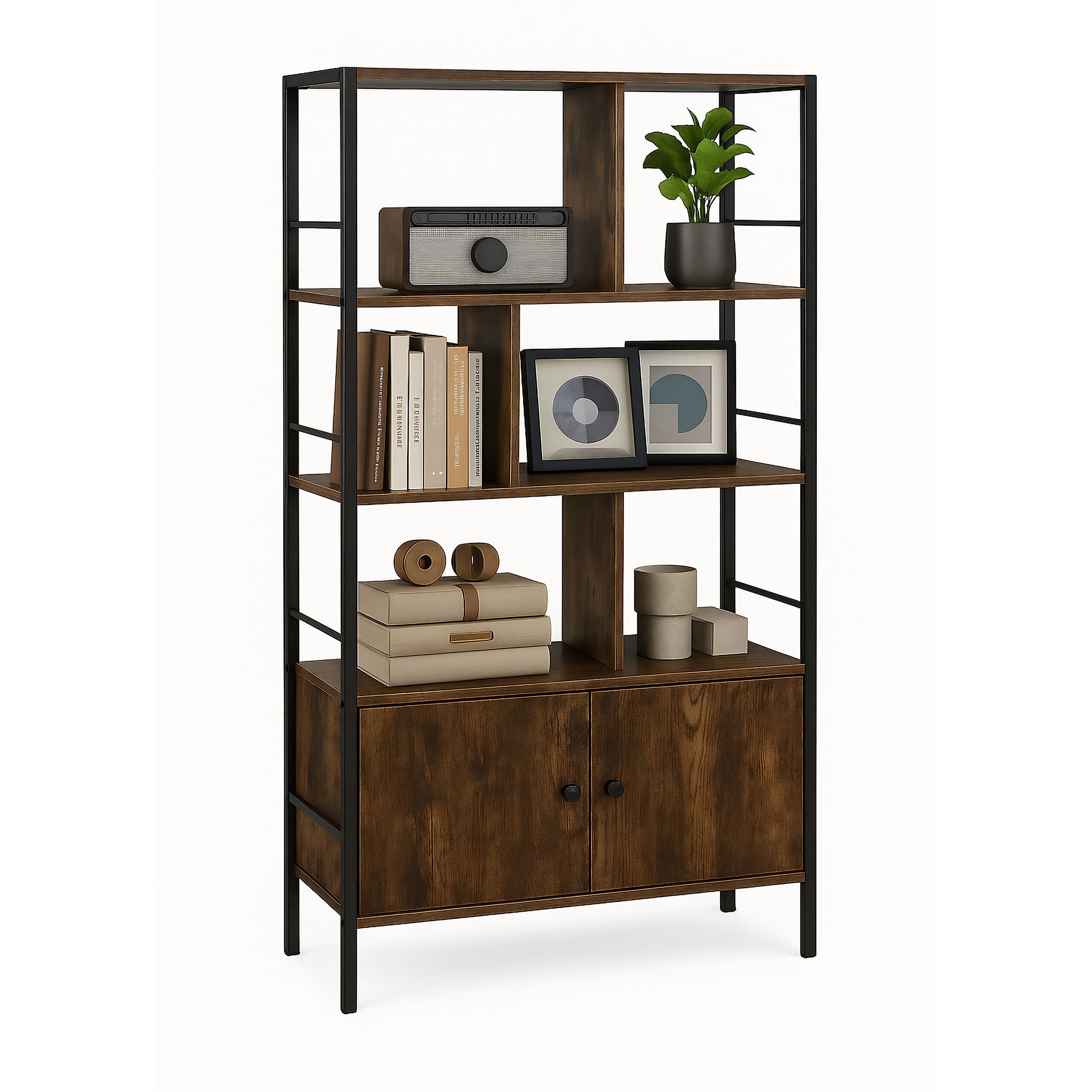 Relaxdays Dark Brown/Black Bookshelf, Hwd: 154.5 X 74 X 30 Cm, 3 Open Shelves, Unit With Lower Cabinet, Industrial, Fibreboard, Steel, Stainless Steel