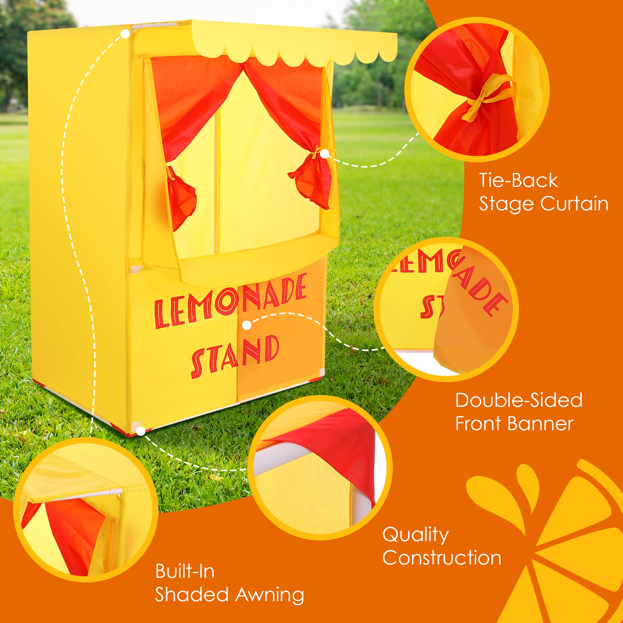 Lemonade Stand for Kids, Puppet Show Theater, Play Tent, 28"X20"X41", Polyester, Red, Yellow, Stage Puppets, 2-in-1 Playset, Theatre, Toddlers, Fabric Curtain, PVC Rods, Lightweight | Houseables