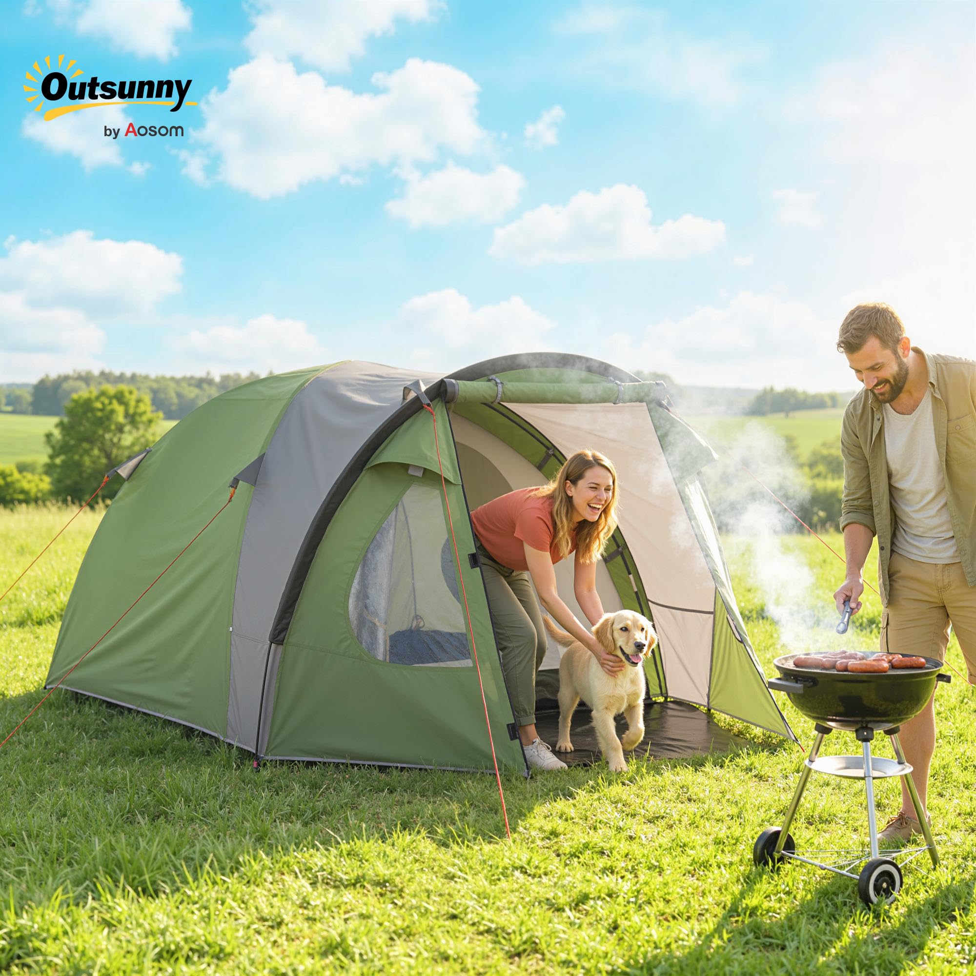 Outsunny Wodoodporny namiot kempingowy dla 2–4 osób, namiot domowy, z oknami, kieszenią, torbą do przenoszenia i haczykiem, na piknik, wędrówki, trekking, kemping