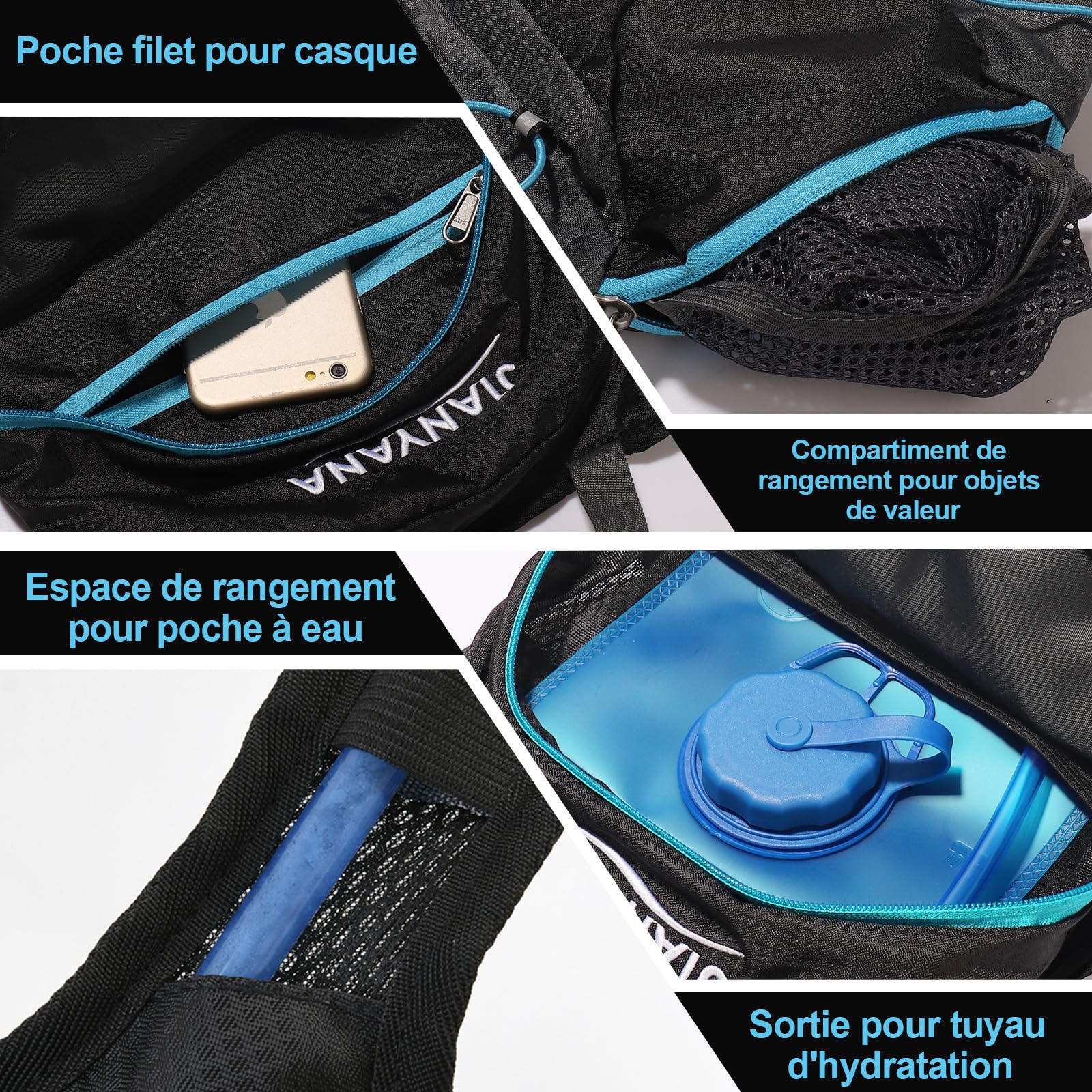 JIANYANA Sac à dos d'hydratation, pliable, noir, 3 l, 550 g, convient pour le cyclisme et la randonnée, bleu roi