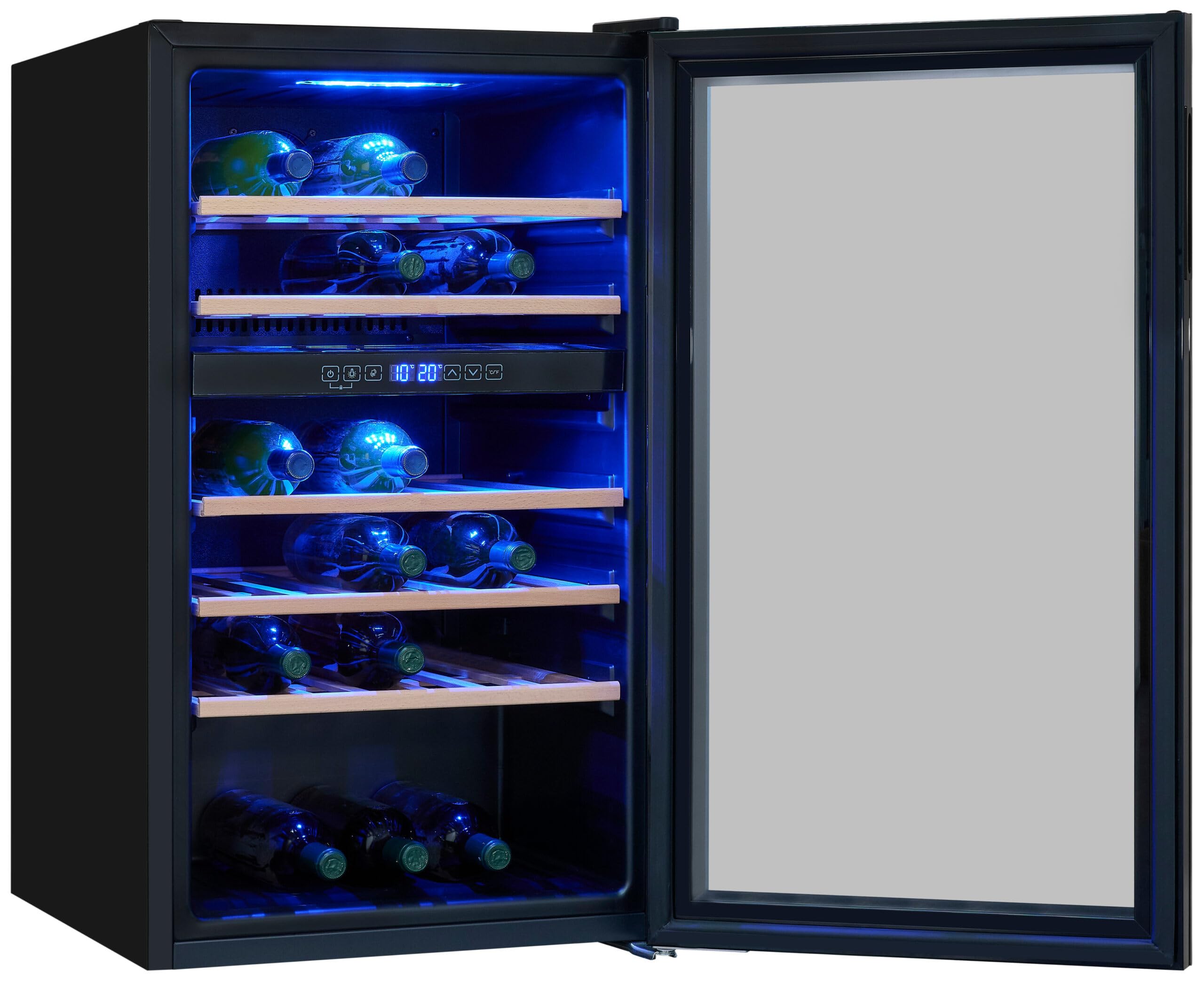 Exquisit® Vinoteca para 45 Botellas, 119L, Negro, Clase G, Dos Zonas de Temperatura 5-20°C, Control Digital LCD, Puerta Reversible de Cristal, Iluminación LED, Medidas (86,5 x 49,0 x 58,0 cm).