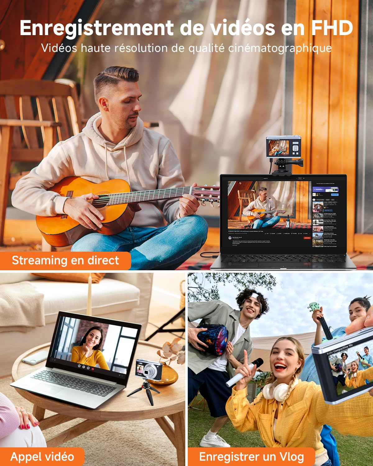 Appareil Photo Numérique Compact, Rollei Compactline 10X FHD Caméra Digitale 20MP avec Zoom 10X Optique et Double Écran Appareil Photo et Vidéo Digital Portable pour Vlog Voyage Selfie Noir Argent