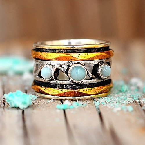 Miniatura 6 de Boho-Magic Anillo giratorio Larimar de plata de ley 925 para mujer con bandas giratorias de latón, Metal no precioso Piedra preciosa, larimar