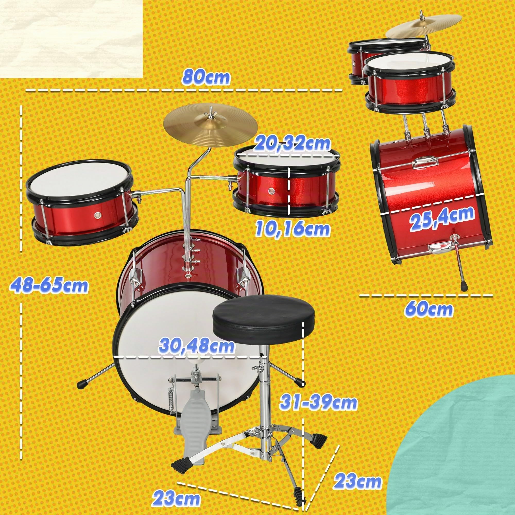 AIYAPLAY Batería Infantil Taburete Ajustable +3 Años 80x60x48-65 cm Rojo | Batería para Niños, Tambores, Bombo, Platillo, Pedal, Baquetas
