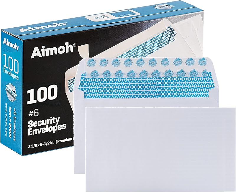 Aimoh #6 3/4 Sobres autosellados tintados de seguridad - Sin ventana, Tamaño 3-5/8 X 6-1/2 pulgadas - Blanco - 24 LB - 100 unidades (34600)