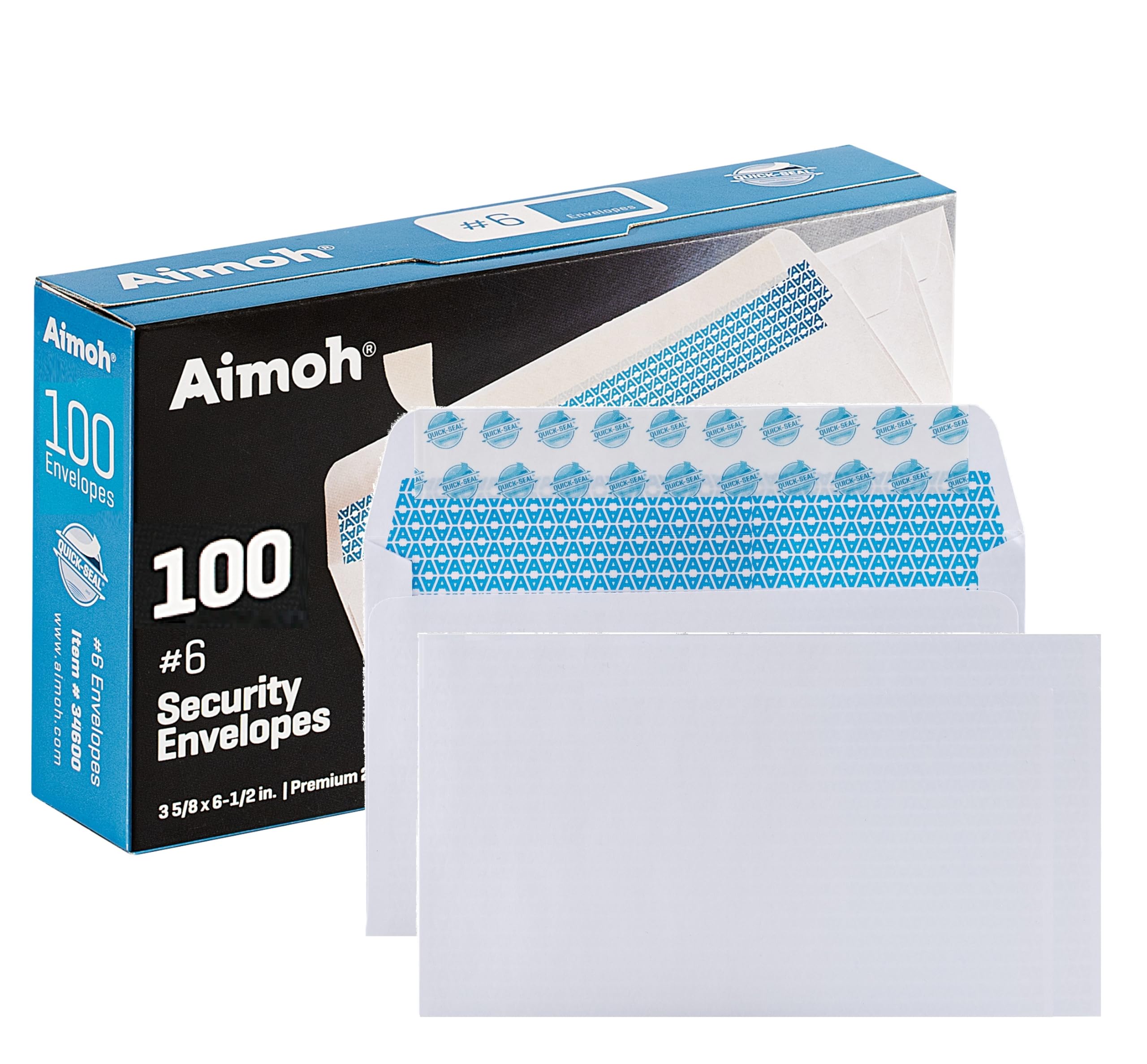 Aimoh #6 3/4 Security Tinted Self-Seal Envelopes - No Window, Size 3-5/8 X 6-1/2 inches White 24 LB 100 Count (34600)