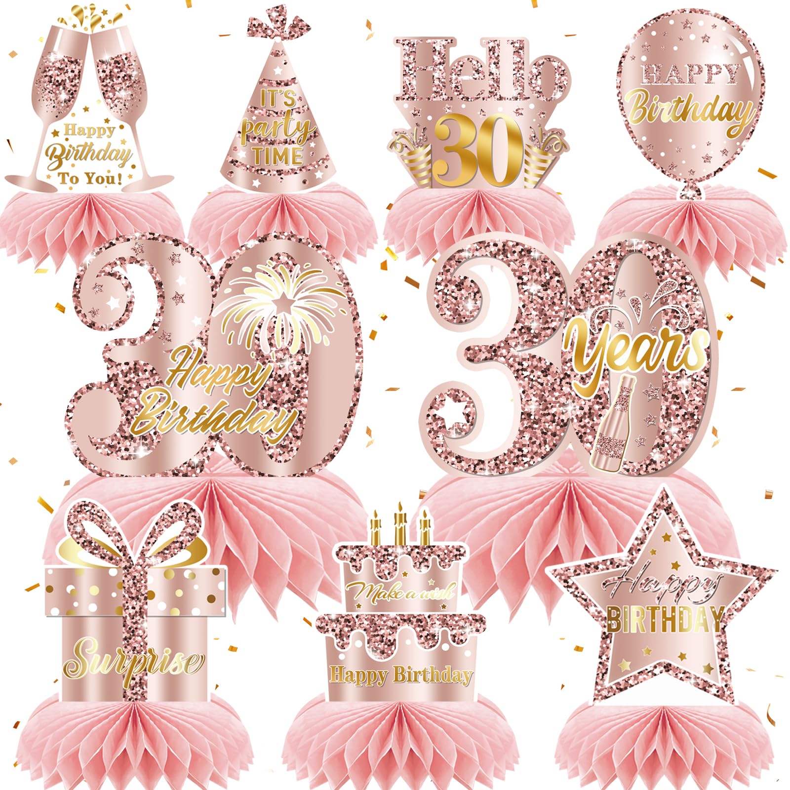 30th Birthday Honeycomb Centrepieces, 9Pcs Honeycomb Centerpieces Decorations, Rose Pink Birthday Table Decorations for Men Women Elegant Party Table Toppers Supplies