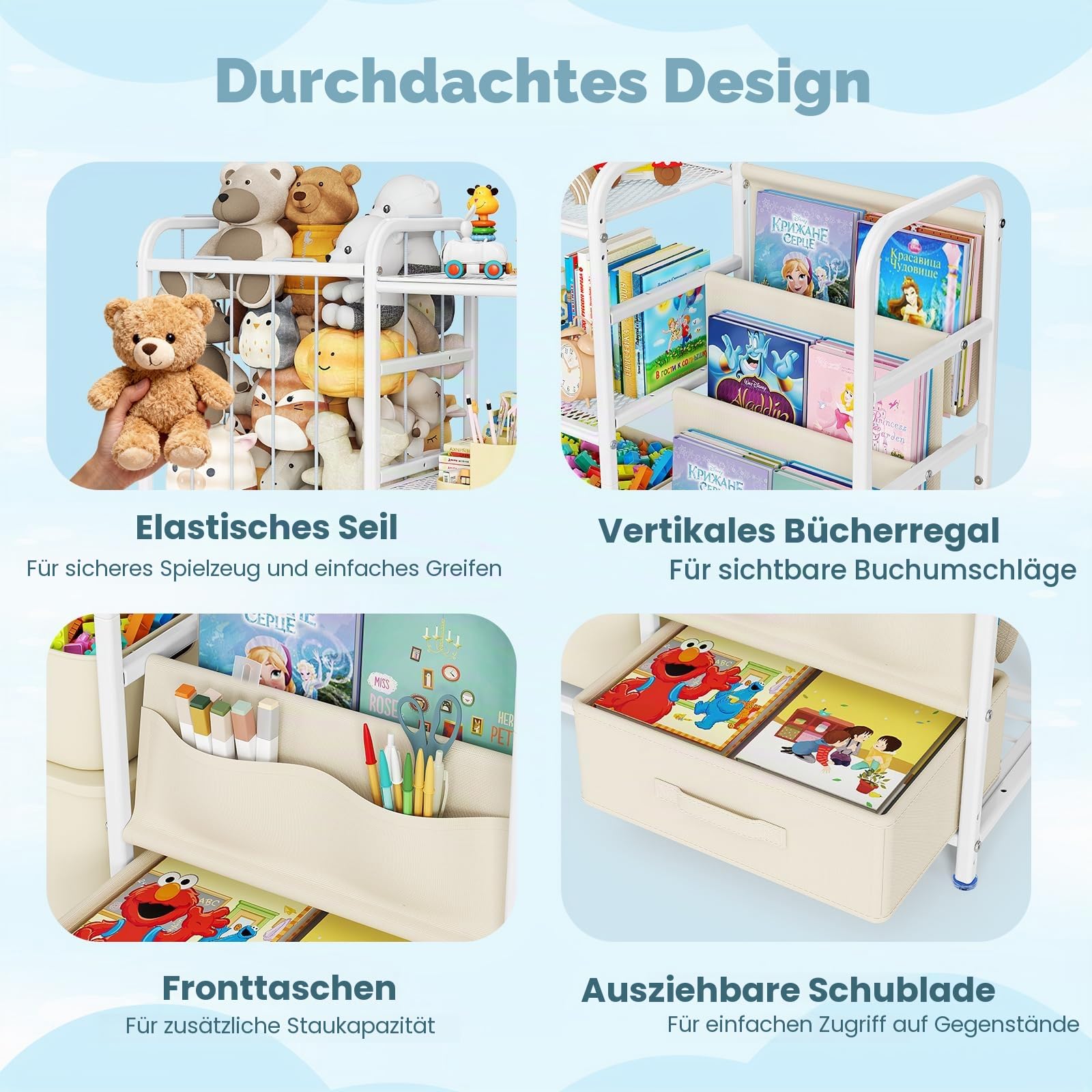 3-in-1-Kinder Bücherregal Kinderzimmer, Spielzeugregal Kinderzimmer mit Spielzeugkiste Kinderbücherregal und Spielzeugorganizer 3 Hängetaschen Schublade für Kindergarten, Spielzimmer (Weiß)