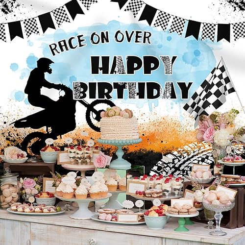 Miniatura 5 de Telón de fondo de motocicleta con texto en inglés "Race On Over Motocross Racing Fotografía", decoración de fiesta de cumpleaños, suministros para