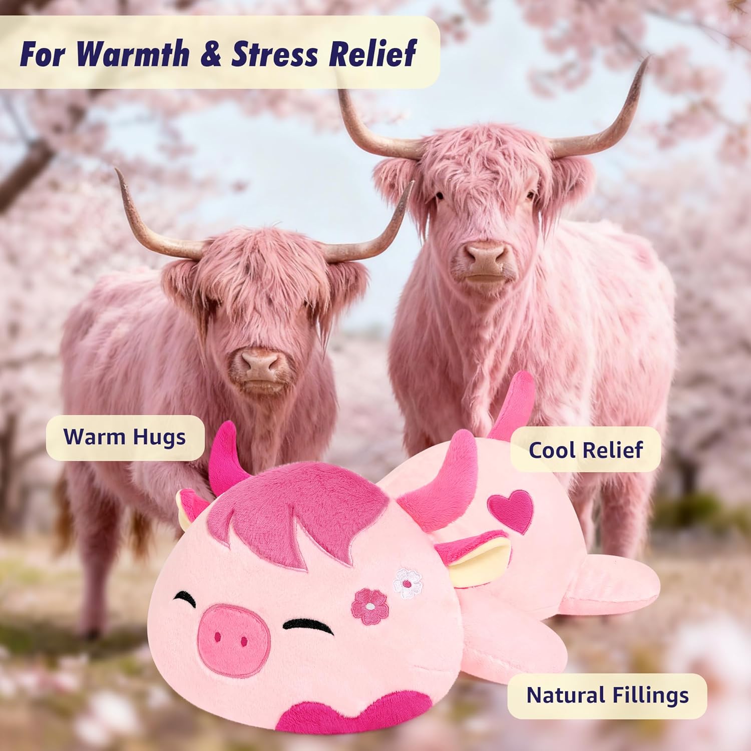 Onsoyours Original Weighted & Heatable Sakura Cow Stuffed Animals, 3.7 lbs Microwavable Plushies for Stress Relief - 20 inch Large Comfort Soft Plush Toys for Kids & Adults - Image 6