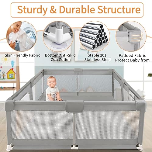 Miniatura 7 de Sour Lemon Corralito para bebés de 79 x 71 pulgadas, extra grande, corralito para bebés y niños pequeños, corralito de juego con valla de seguridad