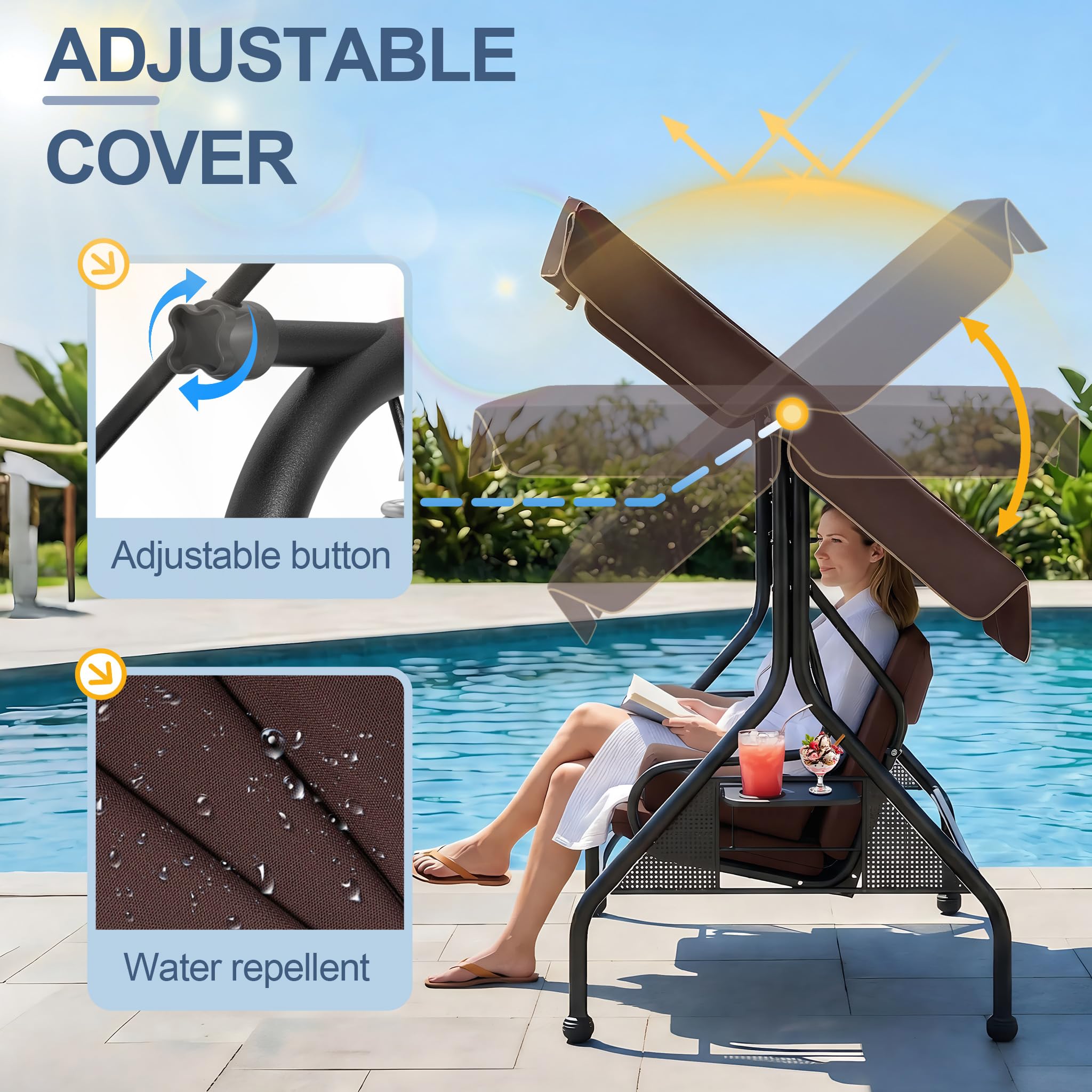 UISEBRT 3-Sitzer Hollywoodschaukel mit Liegefunktion,Gartenschaukel mit Verstellbare Sonnendach,2 Kissen, 2 Tabletts,Outdoor Schaukelbank bis 350kg belastbar für Garten, Pool, Terrasse,Braun