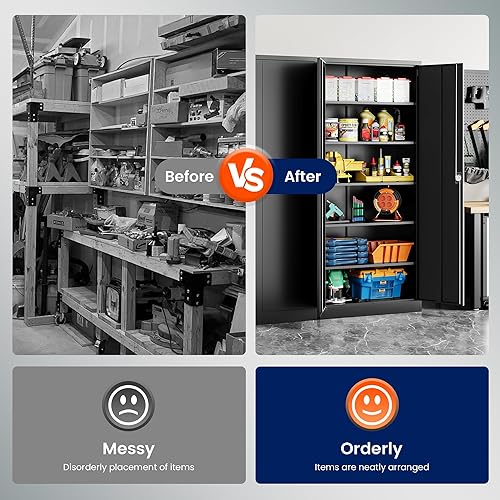Miniatura 7 de Yizosh Armario de almacenamiento de metal para garaje con cerradura, gabinete de herramientas de bloqueo de 71 pulgadas con 2 puertas y 5 estantes,