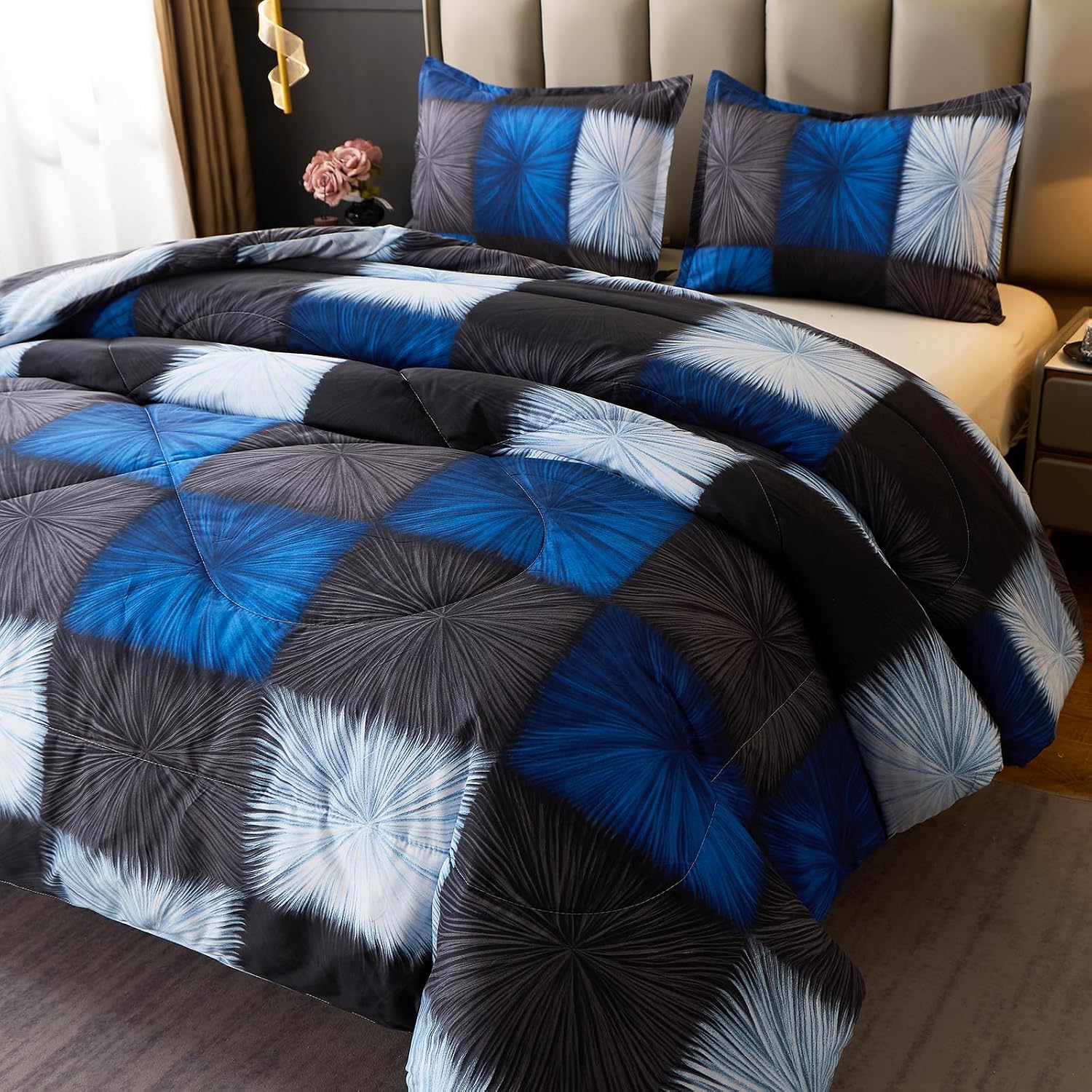 Caressma Black and Navy Blue Checkered Comforter Bedding Set, Full Size Blue White Plaid Comforter Set for Boys, Fluffy Black Grid Home Decor for All Seasons