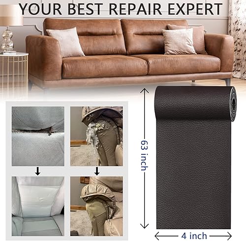 Miniatura 6 de YAFCL - Parche de reparación de cuero para muebles, cinta de reparación de cuero de 4 x 63 pulgadas, parche de reparación de cuero para sofás,