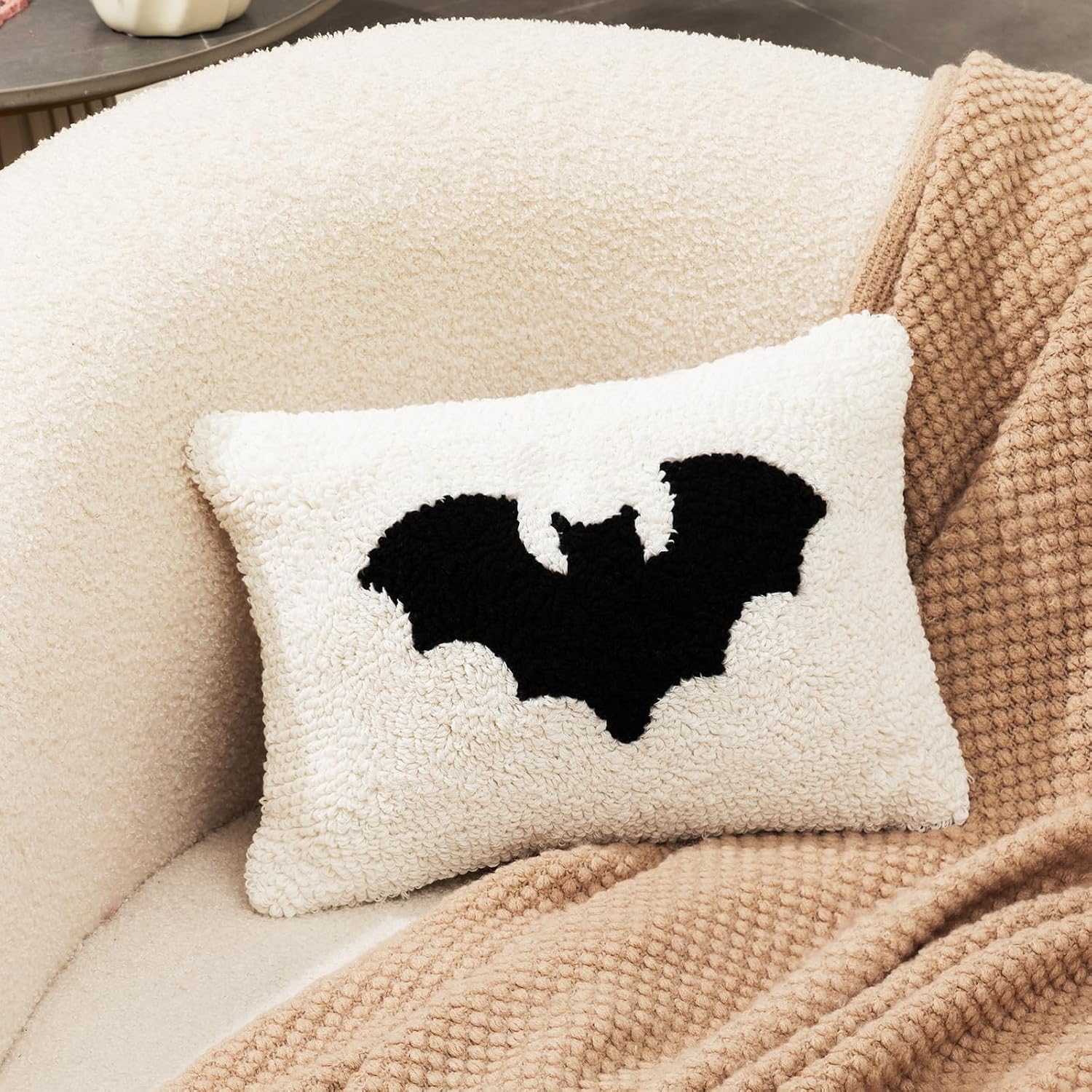 Peryiter Gothic Christmas Decor Bat Plush Pillows Needlepoint Bat Pillows Cute Handicraft for Xmas Halloween Sofa Bed Home Cushion Outdoor Party, 12 x 8 Inches