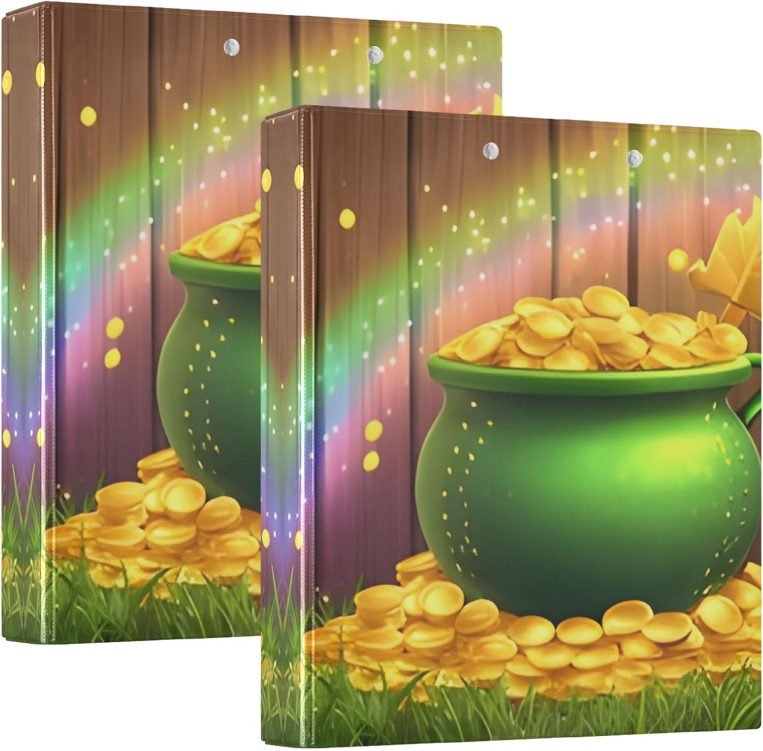 St. Patrick's Day Golden Coins 3 Ring Binders, 1.5” Round Ring Binders with Clipboard - Letter Size, 3 Interior PVC Clear Pockets & Anti-Slip Clip for Office School Supplies, 2PCS