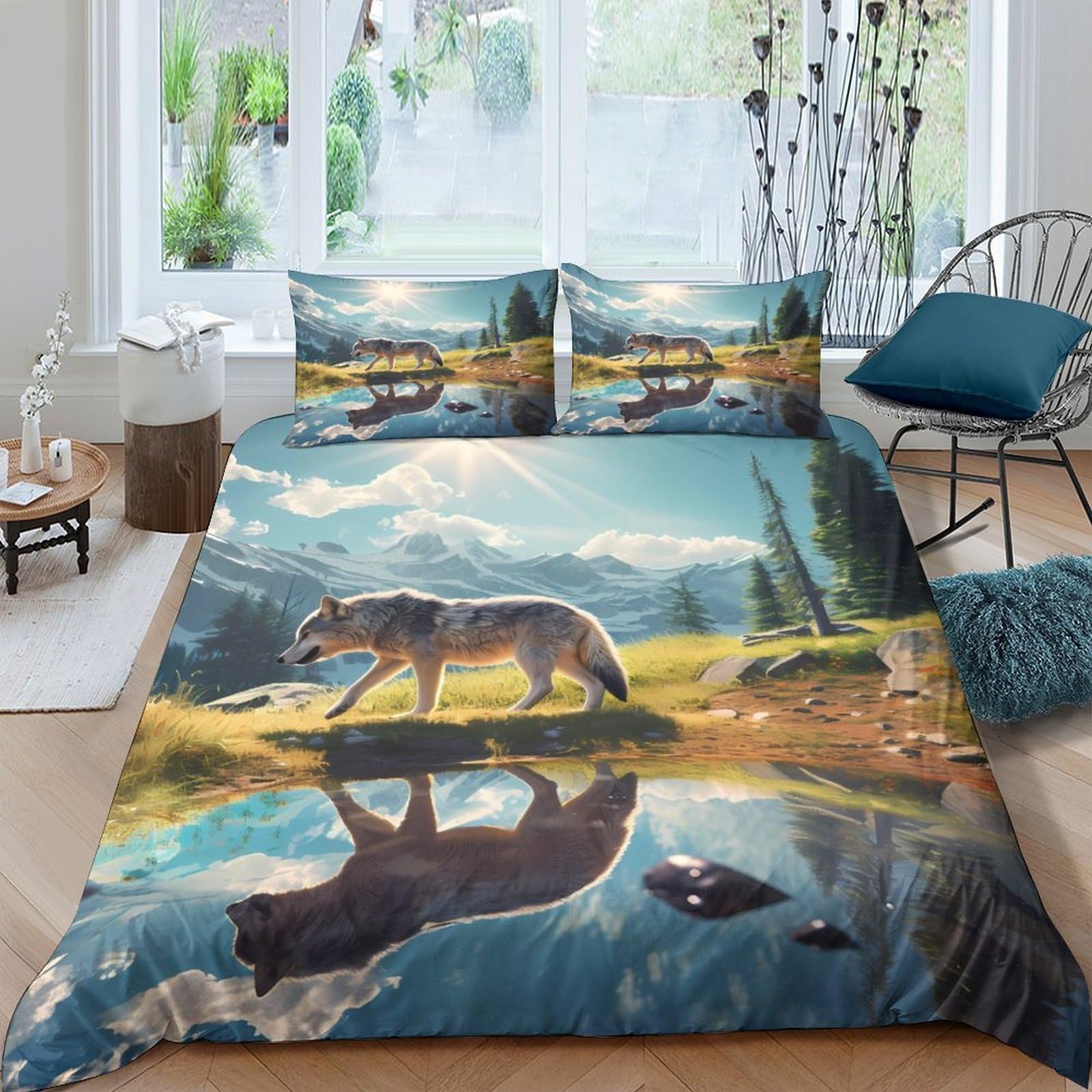 Ctjqhvkz Style-1 3D Printed Wolf Lake Fitted Sheet Microfiber Soft Breathable Forest Reflection Mattress Cover For Bedroom Decor Single（135X200cm）