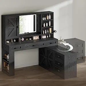 DWVO L Makeup Vanity Desk with Mirror and Lights, Farmhouse Big Lighted Vanity Table Set with 6 Drawers and Cabinet Shelves, 360° Rotation Large Dressing Table for Bedroom, Black