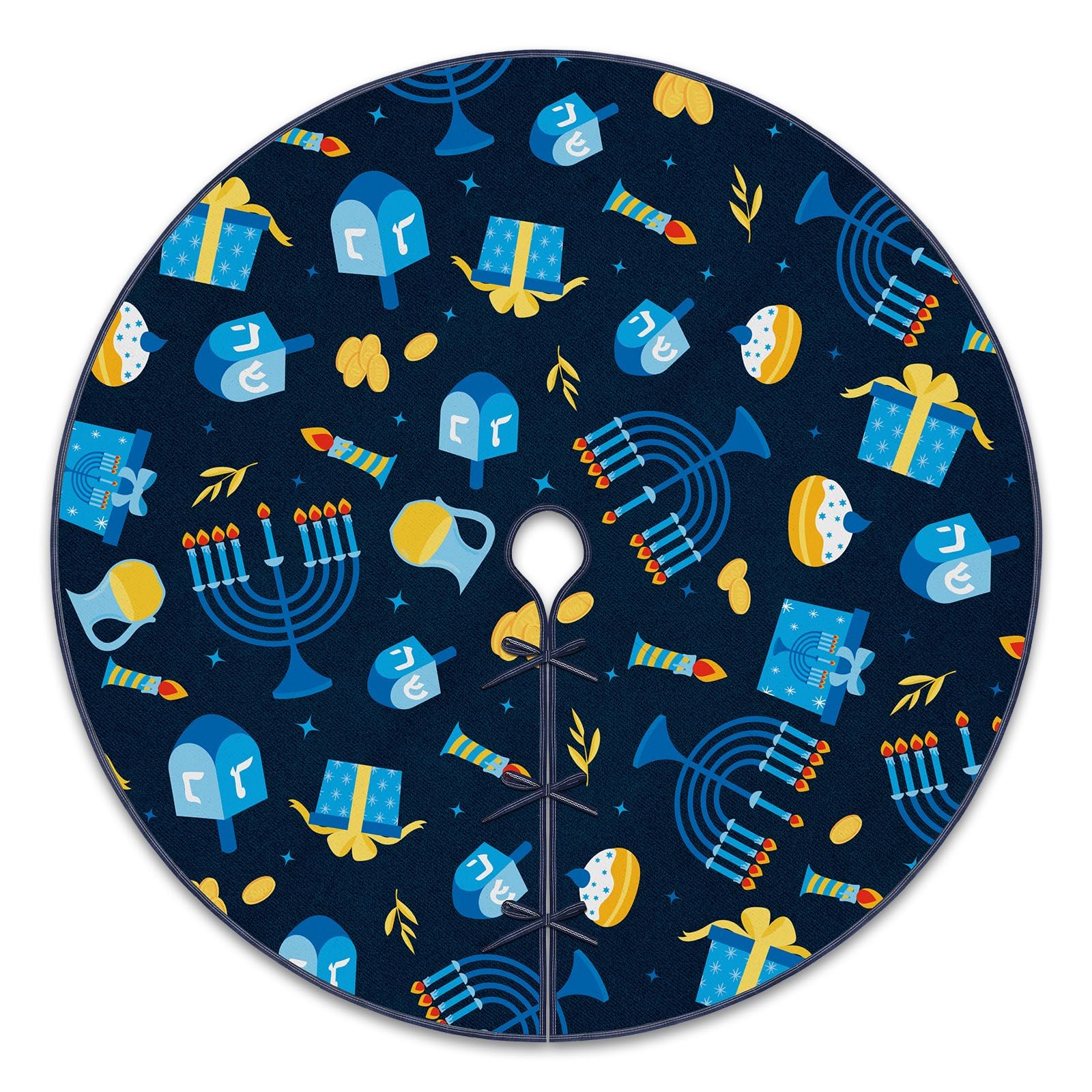 Hanukkah Tree Skirt 48 Inches Chanukah Tree Mat Holiday Indoor Decor Menorah Dreidel Tree Skirt for Holiday Party Hanukkah Indoor Outdoor Decorations