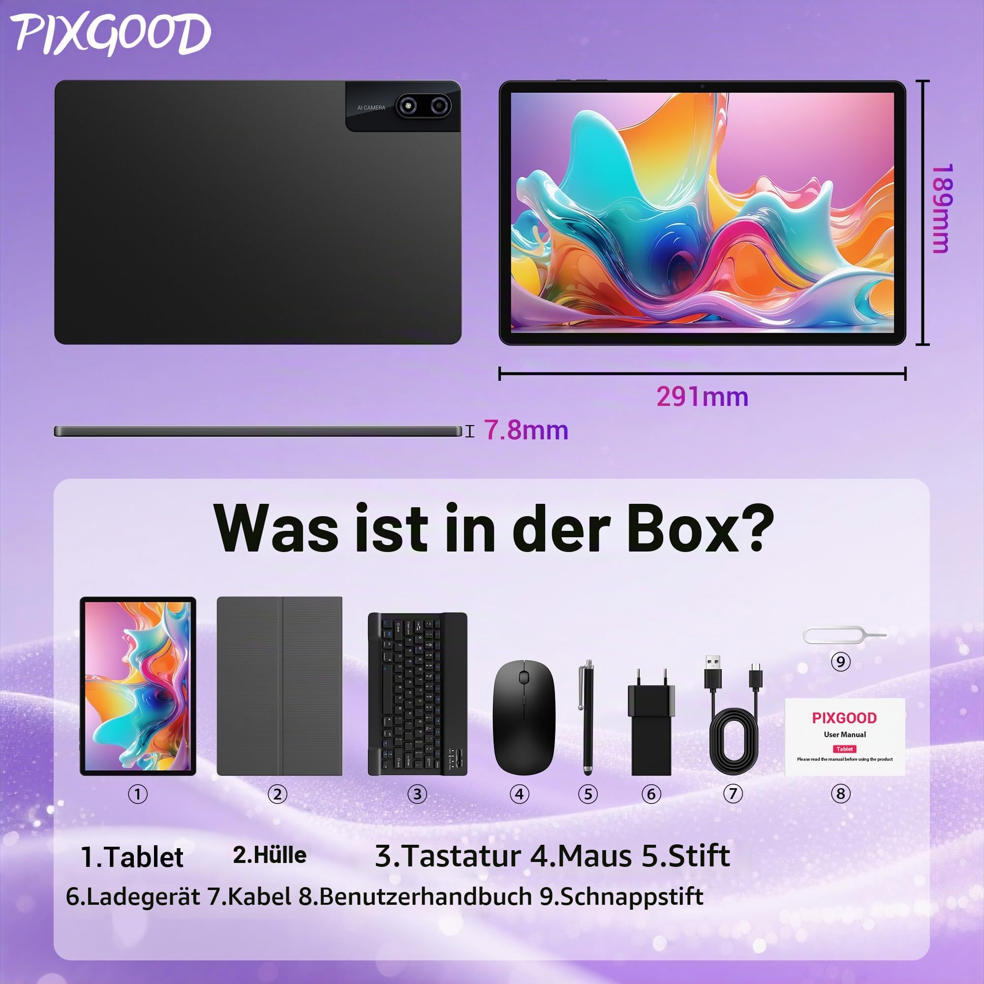 2K 10.6 Zoll Android 15 Tablet, 4G LTE+5G WiFi, 36GB RAM+512GB ROM (2TB TF), Octa-Core, 2000 * 1200FHD, 8000mAh, 13MP+8MP, GPS, Tablet mit Tastatur ect (Schwarz)
