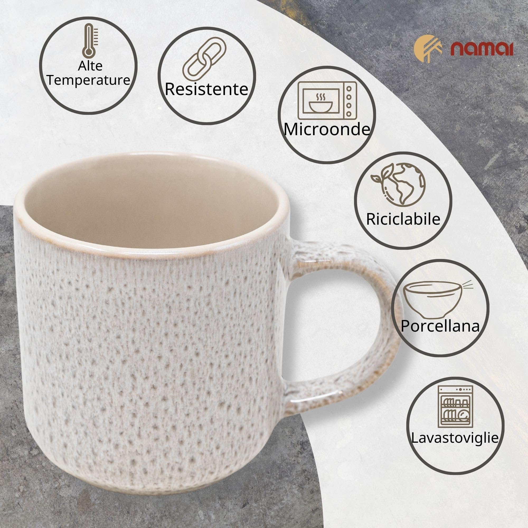 NAMAI - Set 6 Tazze Colazione - 350 ML - Porcellana - Adatte in Lavastoviglie e Microonde - Tazze Cappuccino (6 Mug)