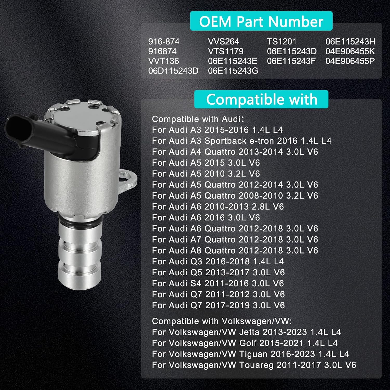 916-874 04E906455P OCV Oil Control Variable Valve Timing VVT Solenoid For Audi A3 Sportback e-tron A4 A5 A6 A7 A8 Quattro Q3 Q5 S4 Q7, Volkswagen/VW Jetta Golf Tiguan Touareg 1.4L 2.8L 3.0L 3.2L