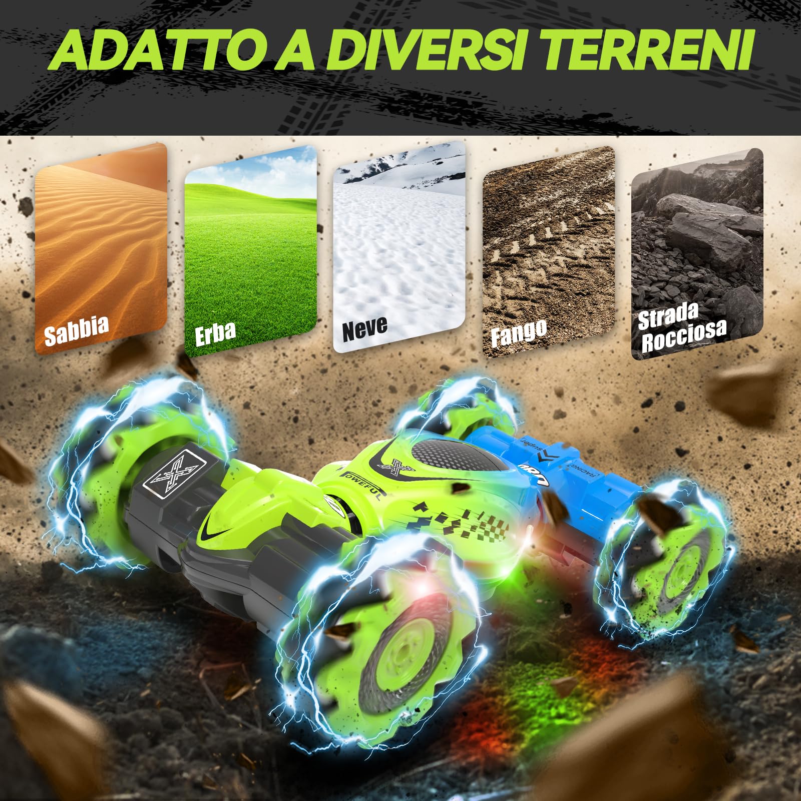 Dysaim Macchina Telecomandata RC Stunt Car Macchina Controllo con Telecomandata 2,4 GHz 4WD 360° Rotazione Crawler Offroad Car RC Drift Auto 2 Batteria Musica Natale Regalo per Bambini da 6 8 12 anni