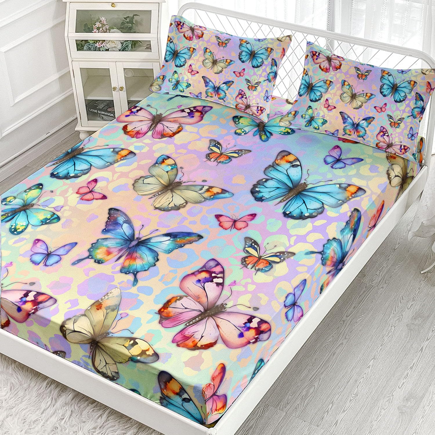 Juego de sábanas de mariposas de 4 piezas para niños, juego de sábanas con estampado de mariposas en acuarela con 1 sábana encimera y 1 sábana bajera + 2 fundas de almohada (mariposas