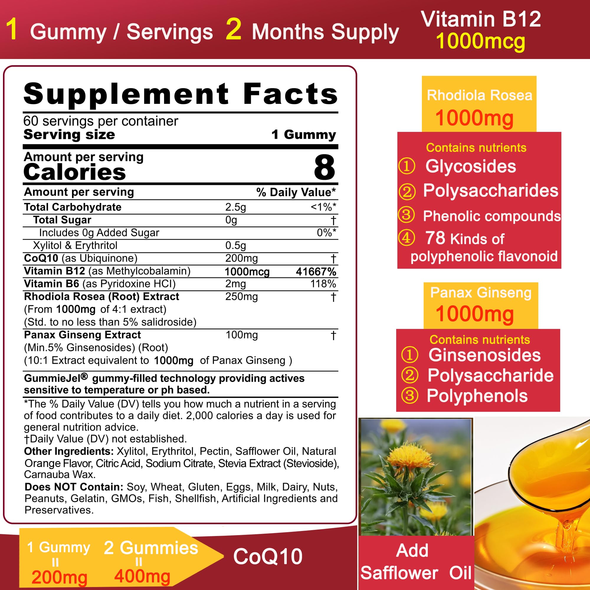 Sugar Free CoQ10 200mg/400mg + Rhodiola Rosea Filled Gummies,2-Month Supply — Amazon image 2