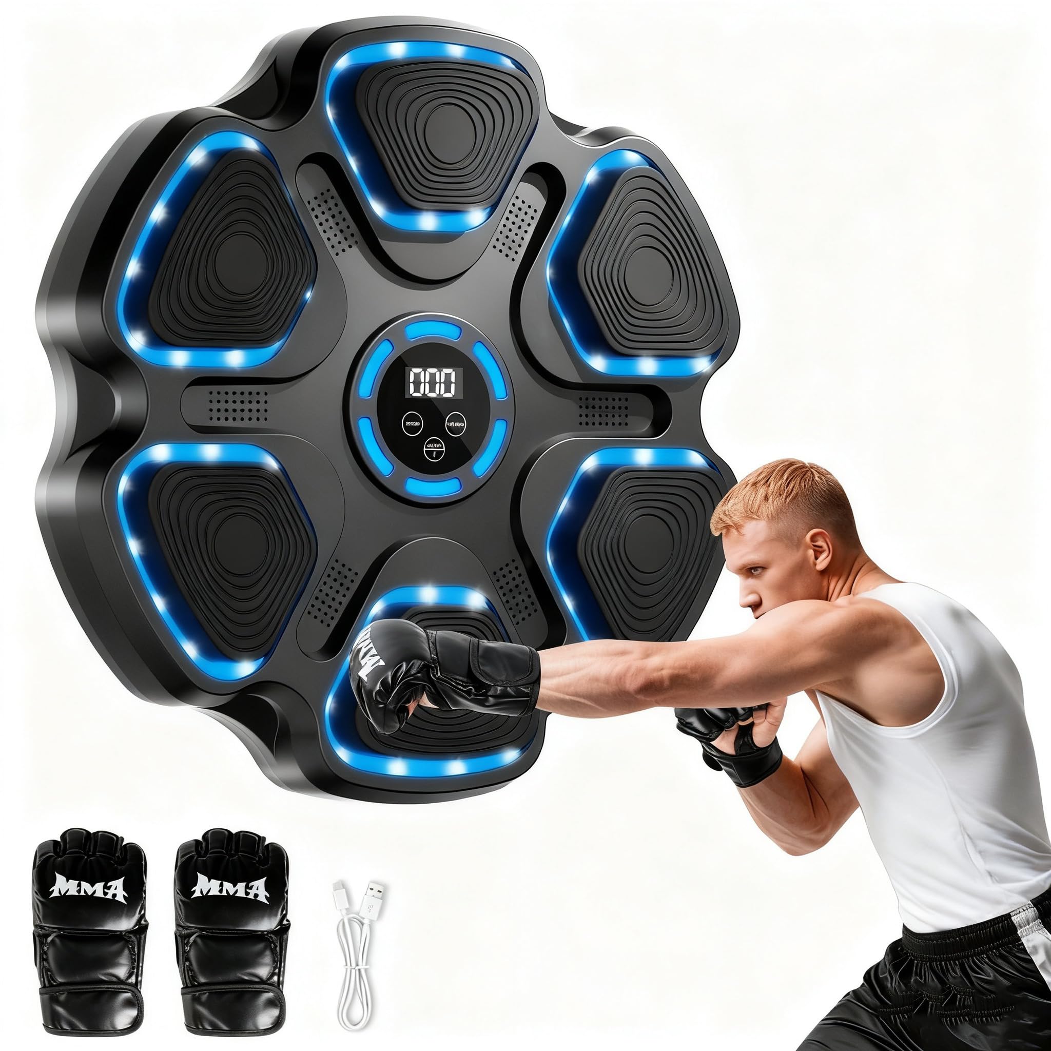 FBSPORT Music Boxing Machine,Smart Musik Boxen Machine mit Boxhandschuhen, Boxen Training Ausrüstung für Erwachsene Kinder, Boxmaschine mit Musik mit 7 Strike Points 11 Modi & 9 Geschwindigkeiten