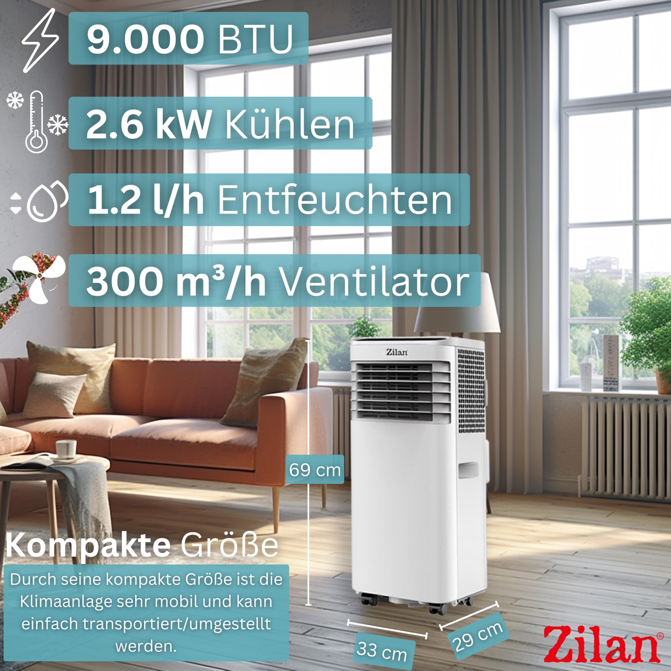 Zilan Mobile Klimaanlage 9000 BTU 3-in-1 Mobiles Klimagerät mit Abluftschlauch & Fensterkit – Kühlen, Entfeuchten & Ventilator, für Räume bis 50 m², 24h Timer, Schlafmodus, LED Display, Fernbedienung