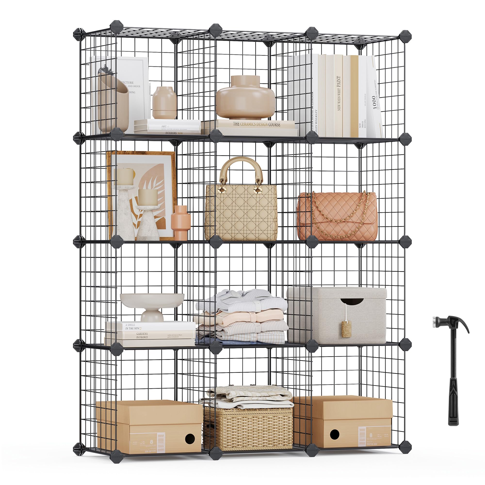 SONGMICS 12-Cube Wire Grid Storage Rack, Interlocking Shelving Unit with Metal Mesh Shelves and PP Plastic Sheets, for Books Shoes Clothes Tools, in Living Room Bathroom, Black LPI34H