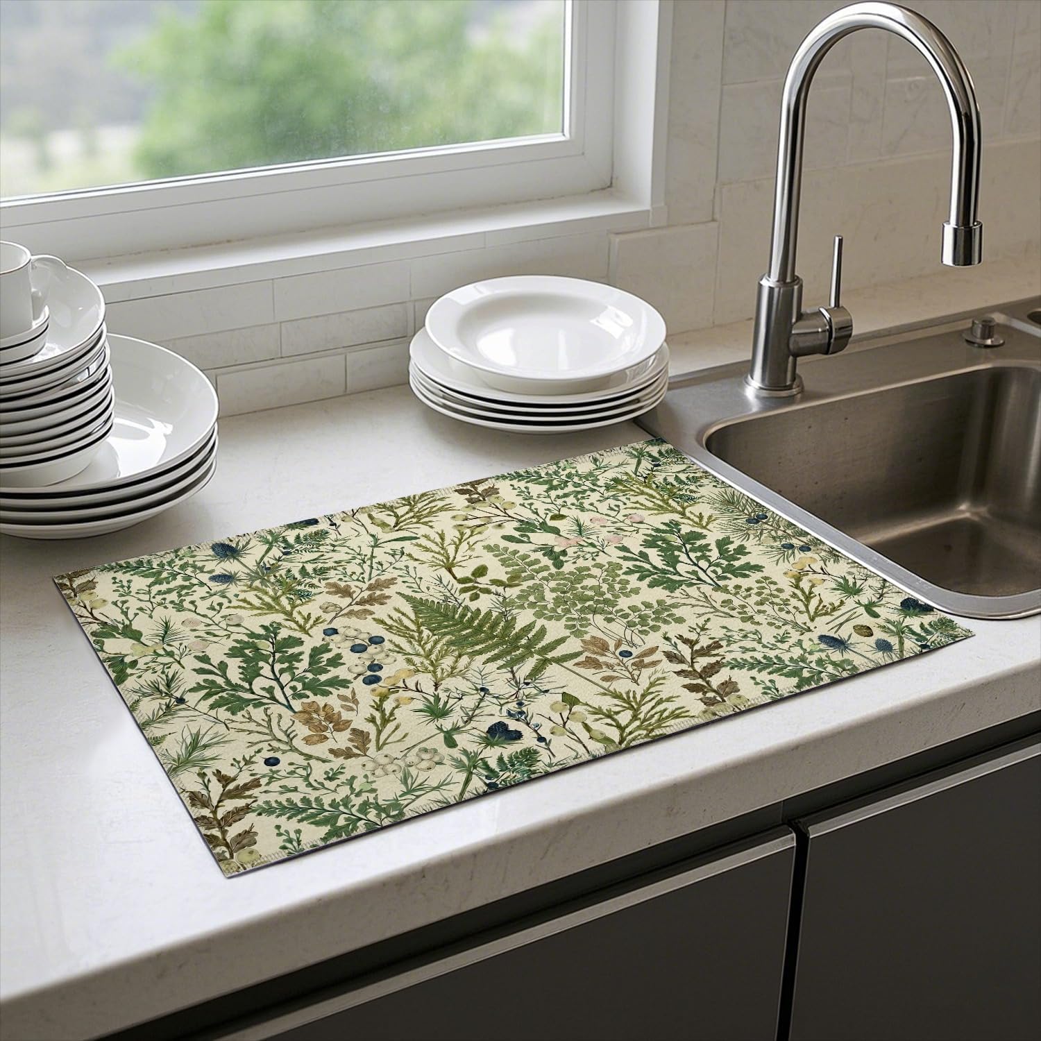 Absorbent Kitchen Dish Drying Mat Quick Dry Heat Resistant Hide Stain for Glasses Coffee Espresso Machines Pots Pans and Dish Racks,18" x 24" Sage Green Vintage Botanical Pattern