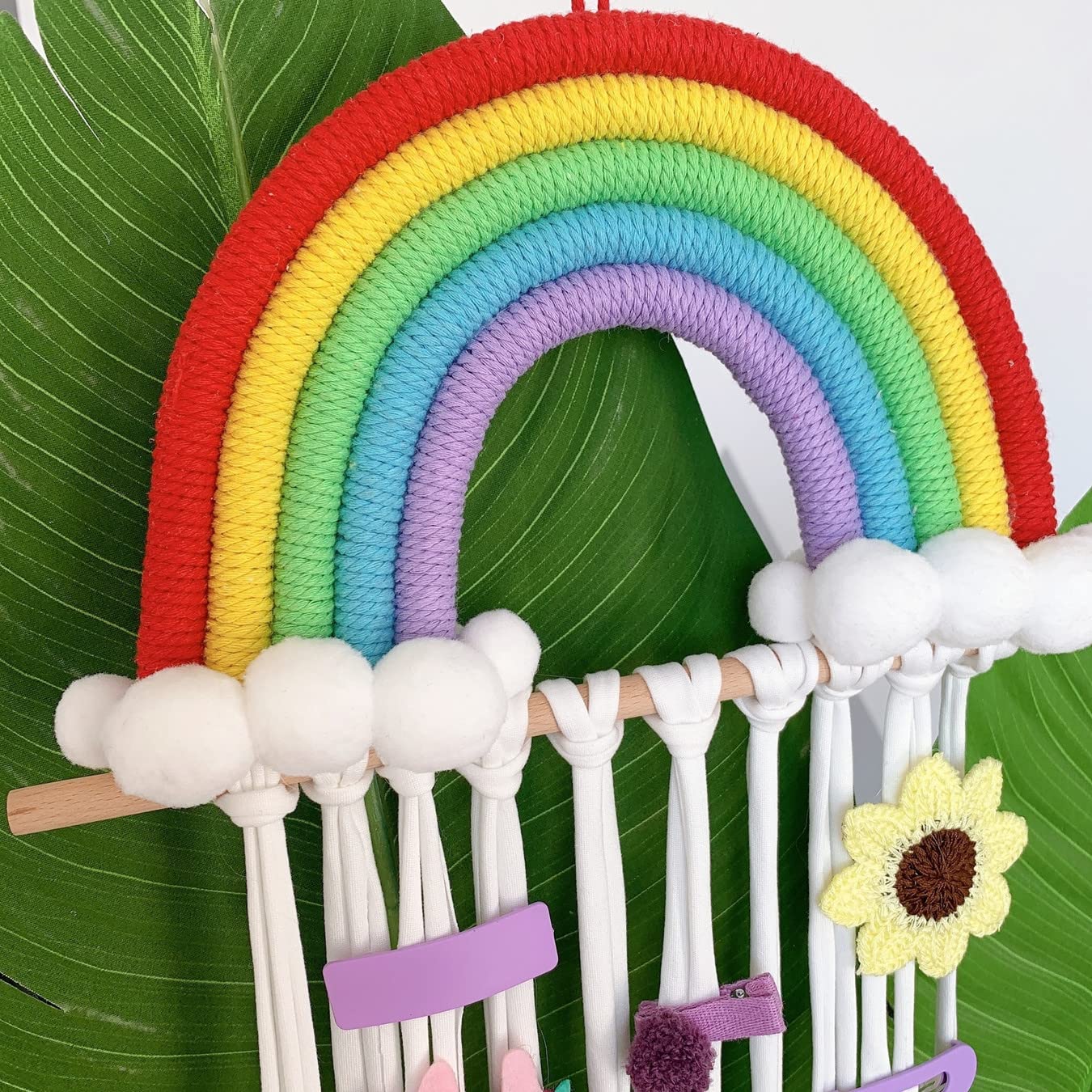 NICENEEDED Organizer Per Fermagli Capelli - Supporto A Forma Di Fiocco Con Nappe Arcobaleno - Appendibile A Parete - Regalo Bohémien Per Bambine E Ragazze - 75x30 Cm - 5