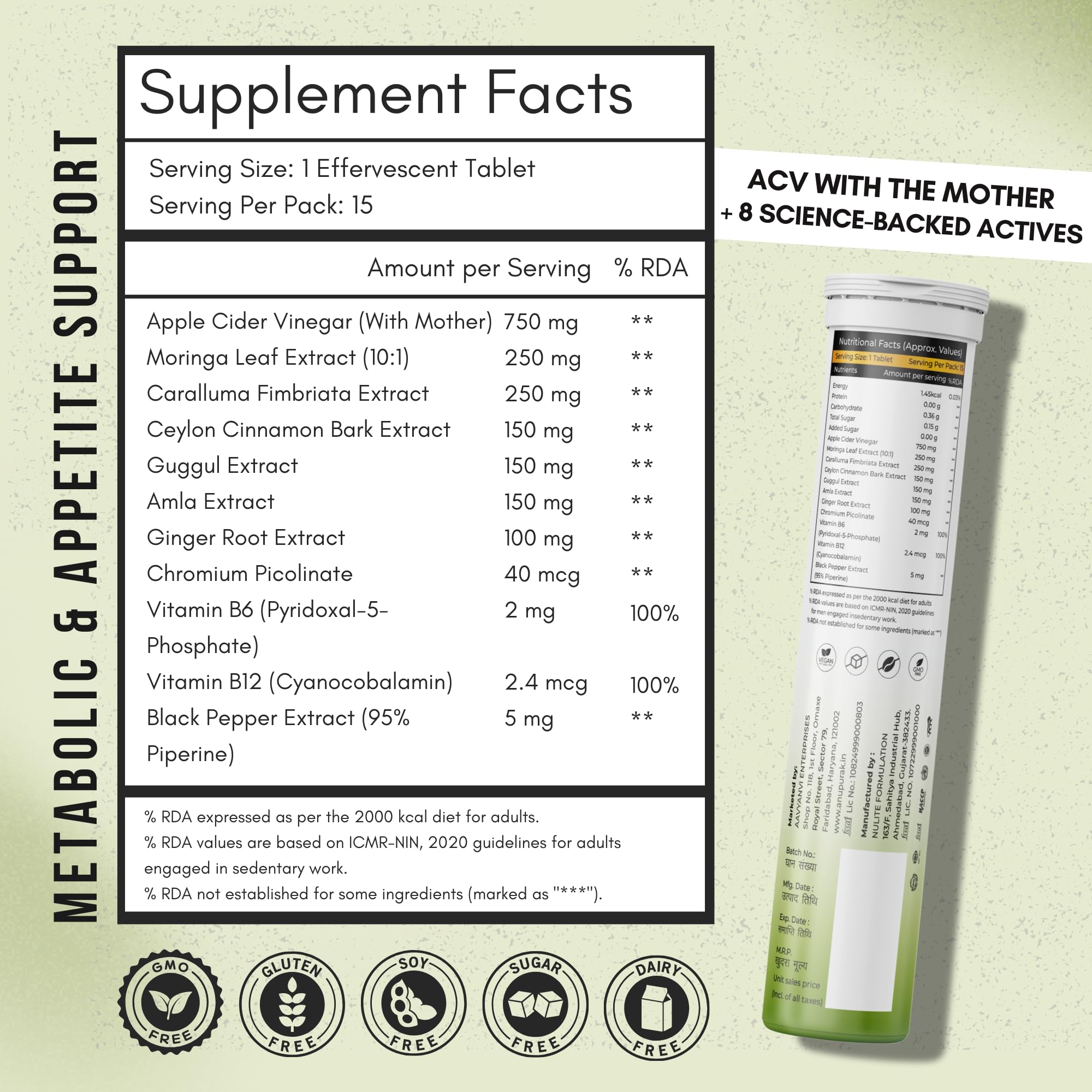 ACV Effervescent Tablets — 750mg Apple Cider Vinegar with Mother | 11 Actives with Caralluma, Moringa & Ceylon Cinnamon | Appetite, Digestive & Metabolic Balance | Green Apple | 60 Tablets (Pack 4) — Amazon image 2