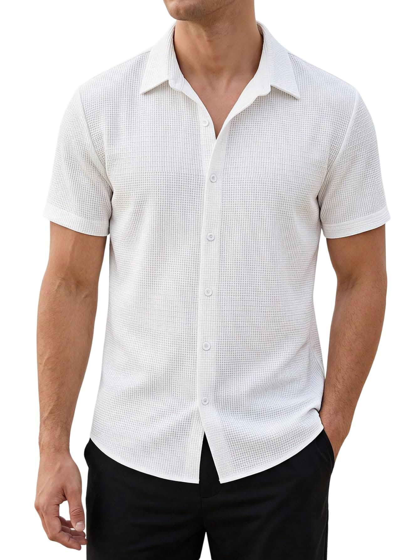 Men's Collared Button Up Short Sleeve Textured Casual Summer Shirts Beach, Vacation, Work, Office, Business Casual, Fitted, Basic, Golf