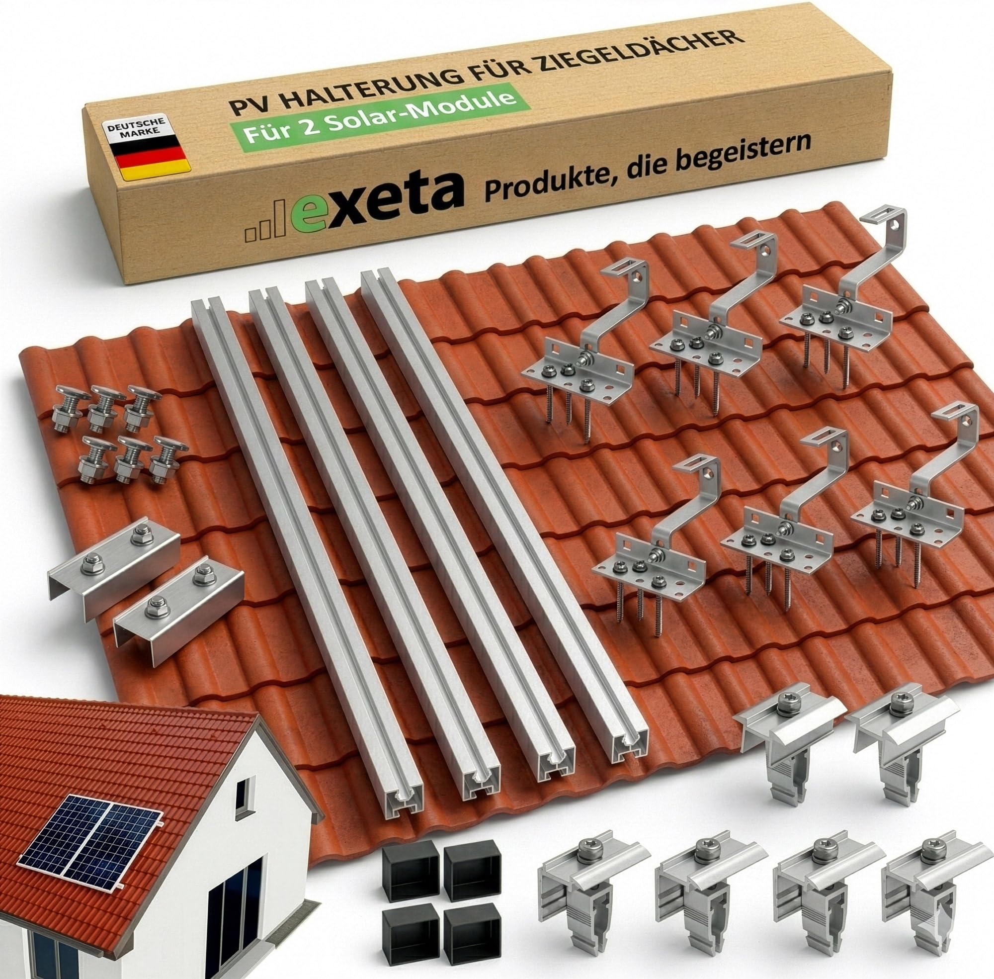 Solar Halterung Ziegeldach I Set für 2 PV Module 30-40mm I Solarmodul Halterung Balkonkraftwerk I Solarmodulbefestigungsset für Ziegeldächer aus Edelstahl 1.4301 I PV-Halterung Montageset