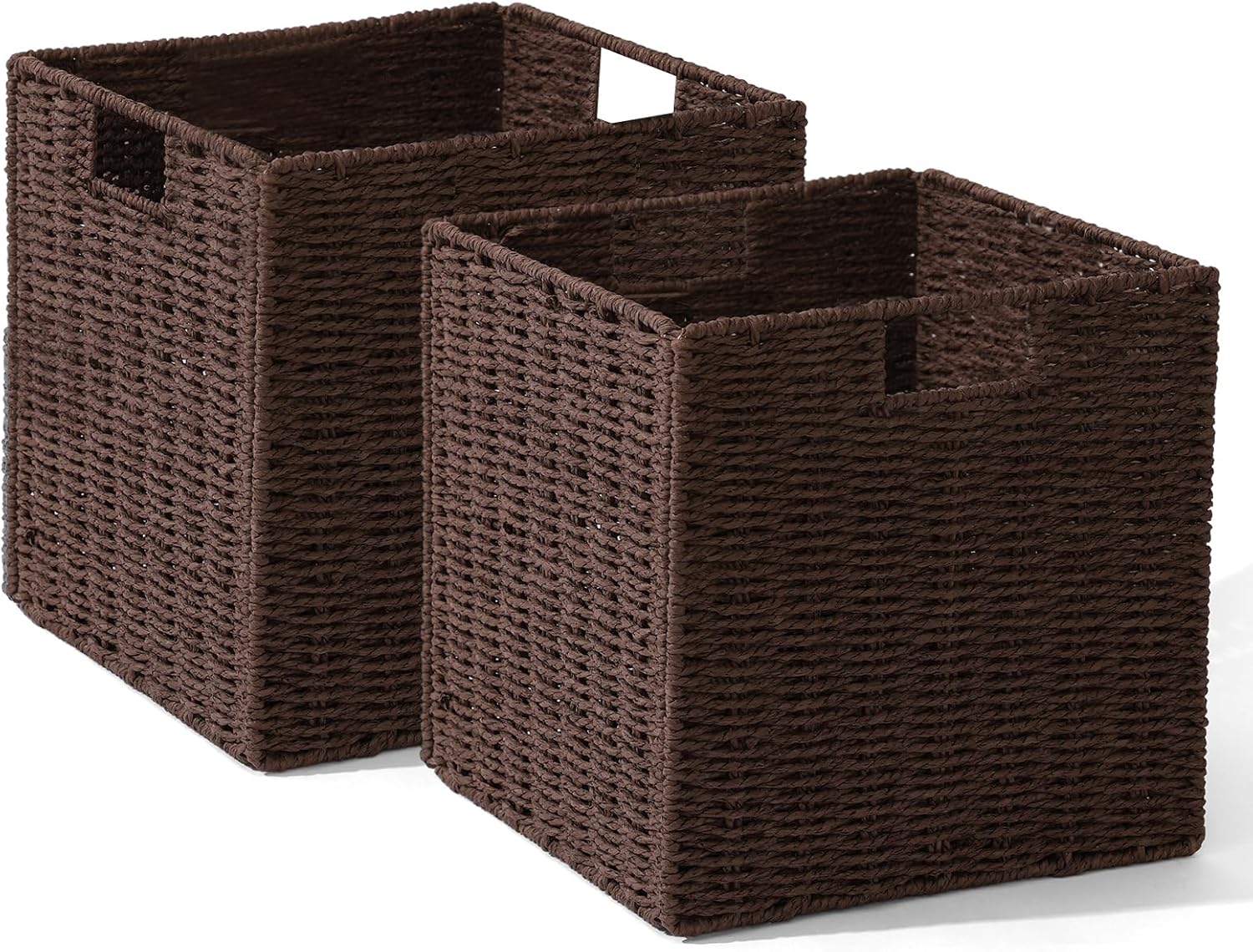 Set of 2 Hand-Woven Paper Rope Wicker Baskets, Storage Basket, Foldable Cube Storage Bins, Brown Storage Cubes, Square Baskets for Organizing Shelves Decor, 12x12x12in Paper Rope Brown