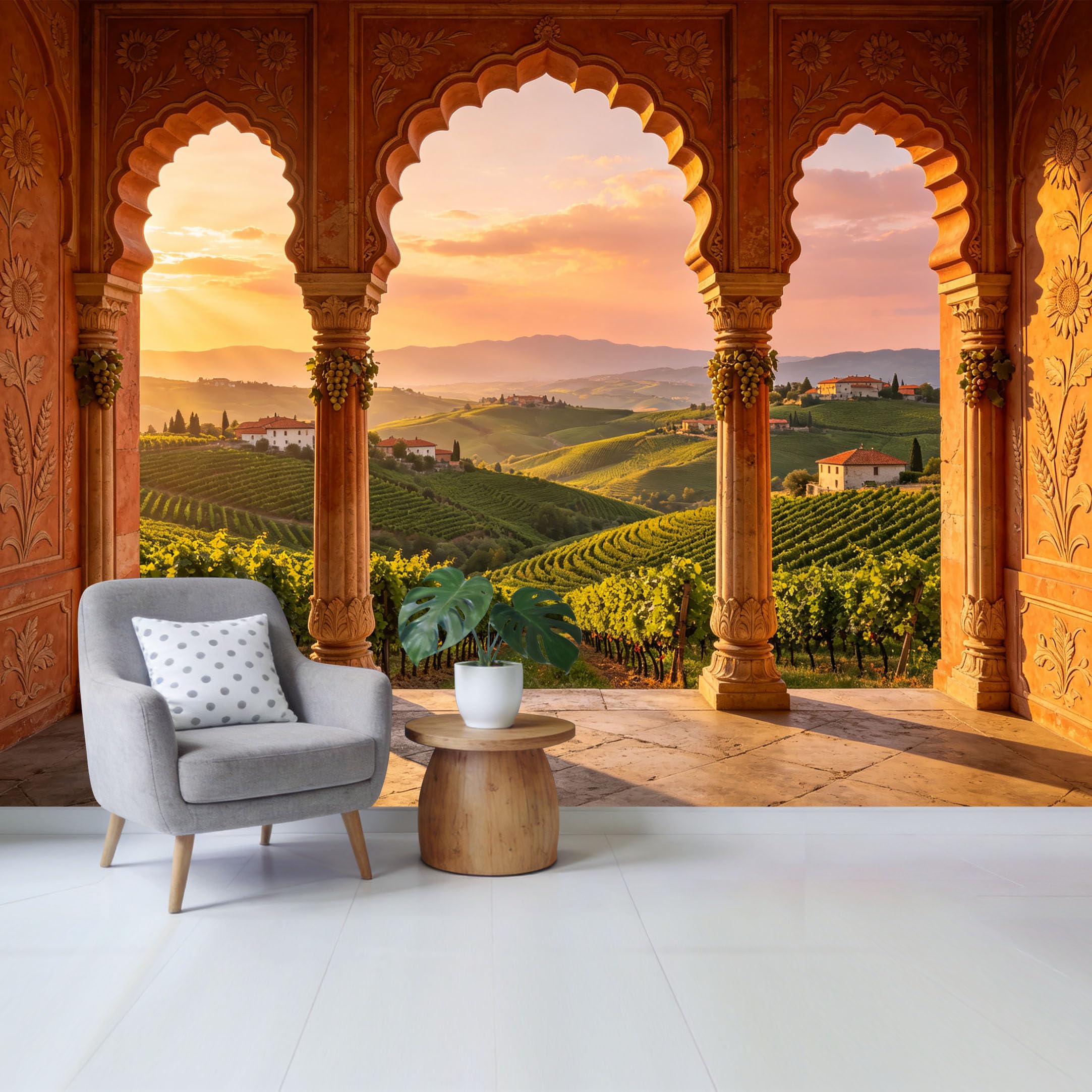 Removable Self Adhesive Fabric Mural， Tuscan Vineyard Sunset Custom Size Wall Covering， UV Protected Waterproof Washable Wall Decor for Living Room Bedroom Bathroom