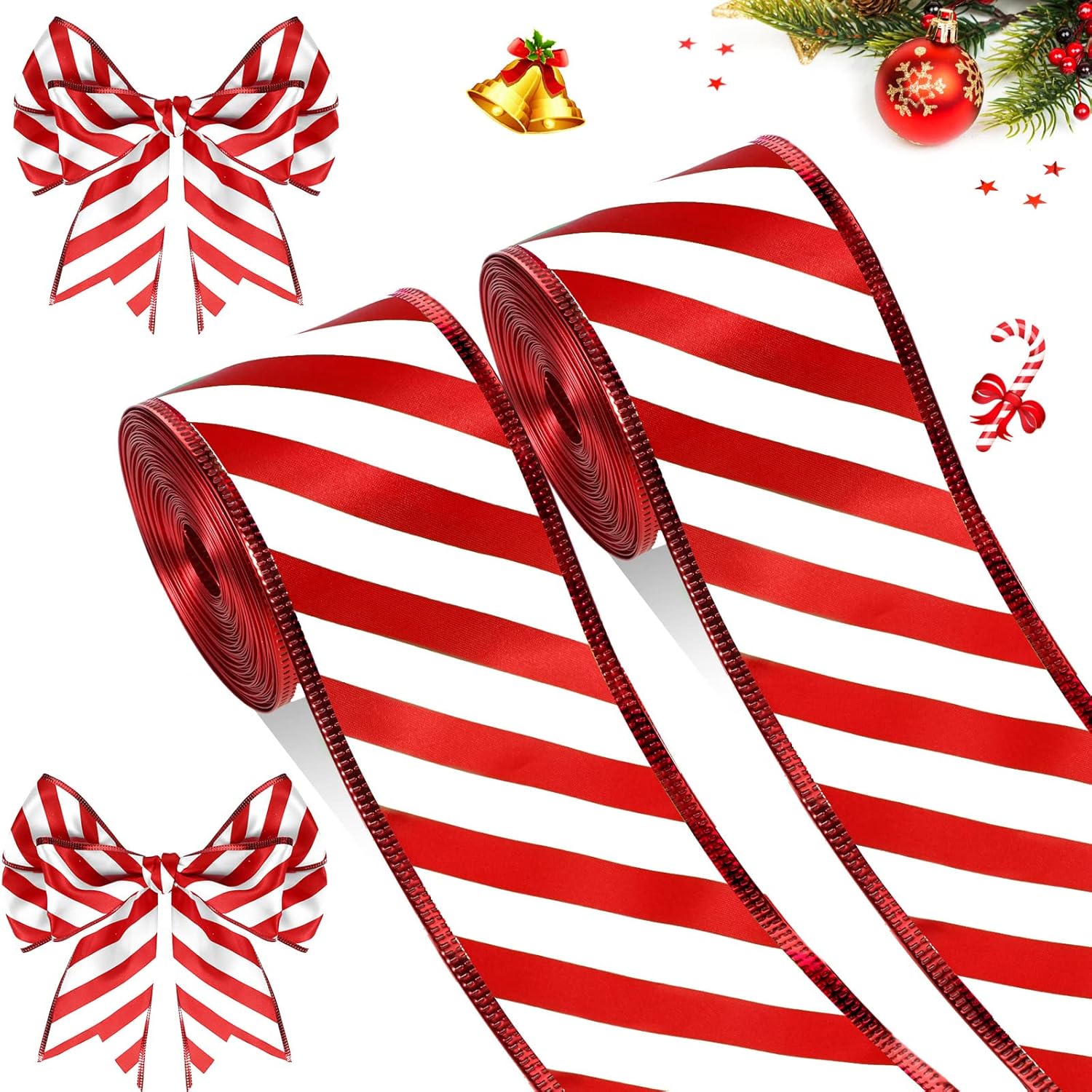 Hanaive 2 Rolls Ribbons for Christmas Tree Wired Ribbon Satin Stripes Edge Wrapping for Crafts DIY Gift Party Garden Home Garland Bows Ornament Decor(2.5 Inch x 10 Yards,Red White)