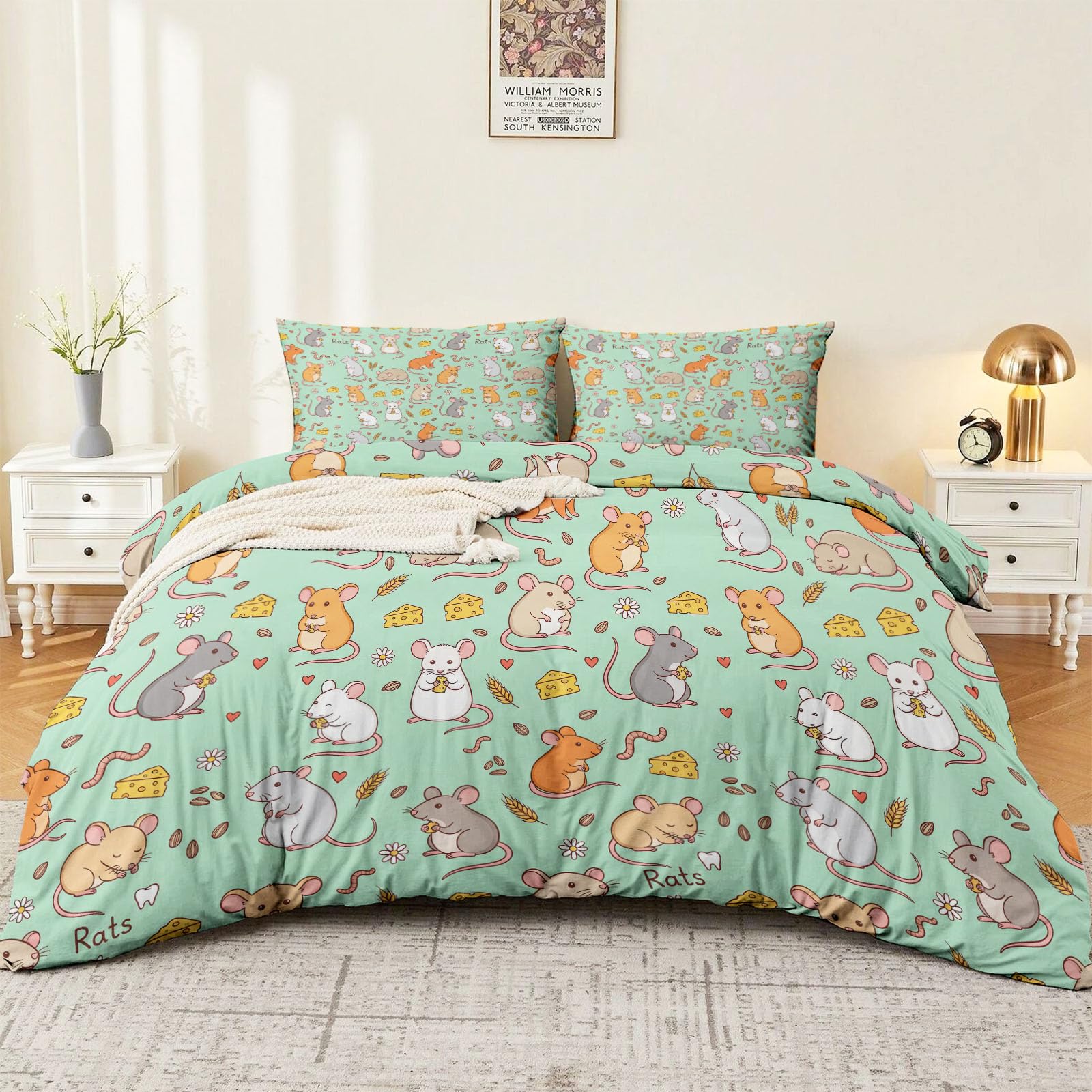 Biancheria da letto, motivo: formaggio, fiori, animali, topo, illustrazione