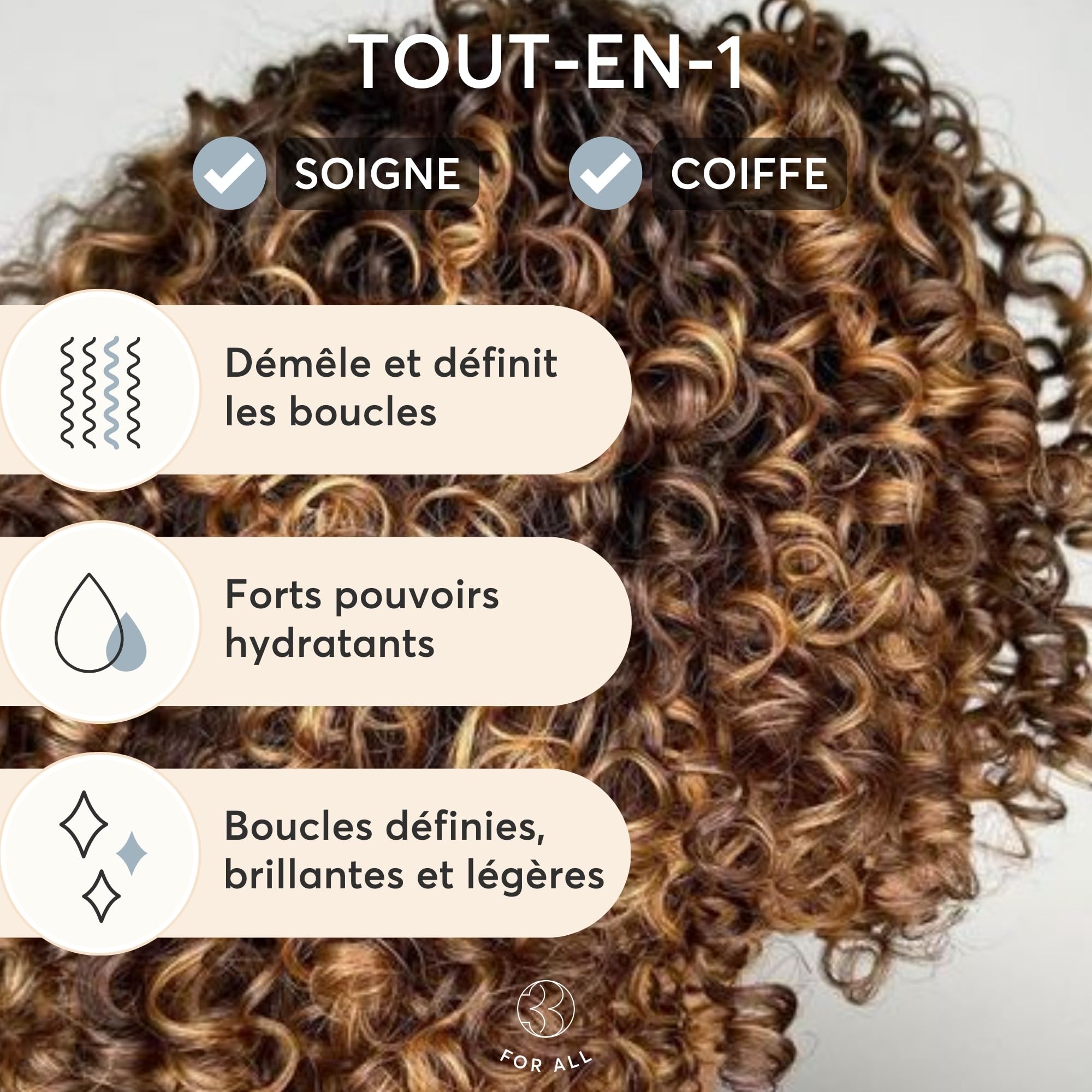 Trois For All Crème Cheveux Bouclés, Soin Crème Immédiat avec ou sans Rinçage, Curly Hair Produit Tout en 1 : Définition des Boucles, Démêlant Cheveux, Après Shampoing, Boost Curl, 250ml