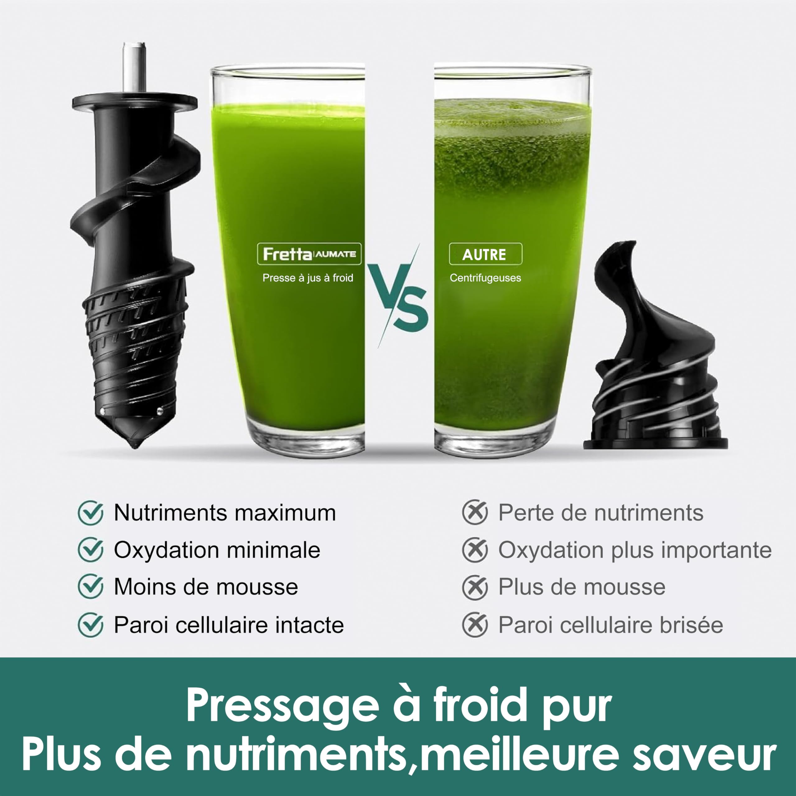 Fretta Extracteur de Jus à Pression à Froid, Goulotte 76 mm, Presse-agrumes sans BPA, Rouge