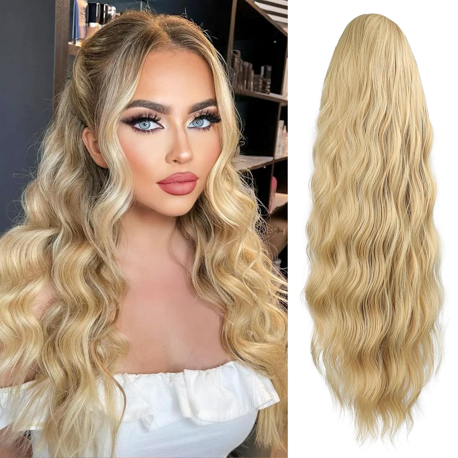 Long Drawstring Ponytail Extension for Women Long Curly Wavy 26 Inch Clip in Ponytail Hair Extensions Synthetic Heat Resistant Blonde Ponytail Extension for Daily Party Use