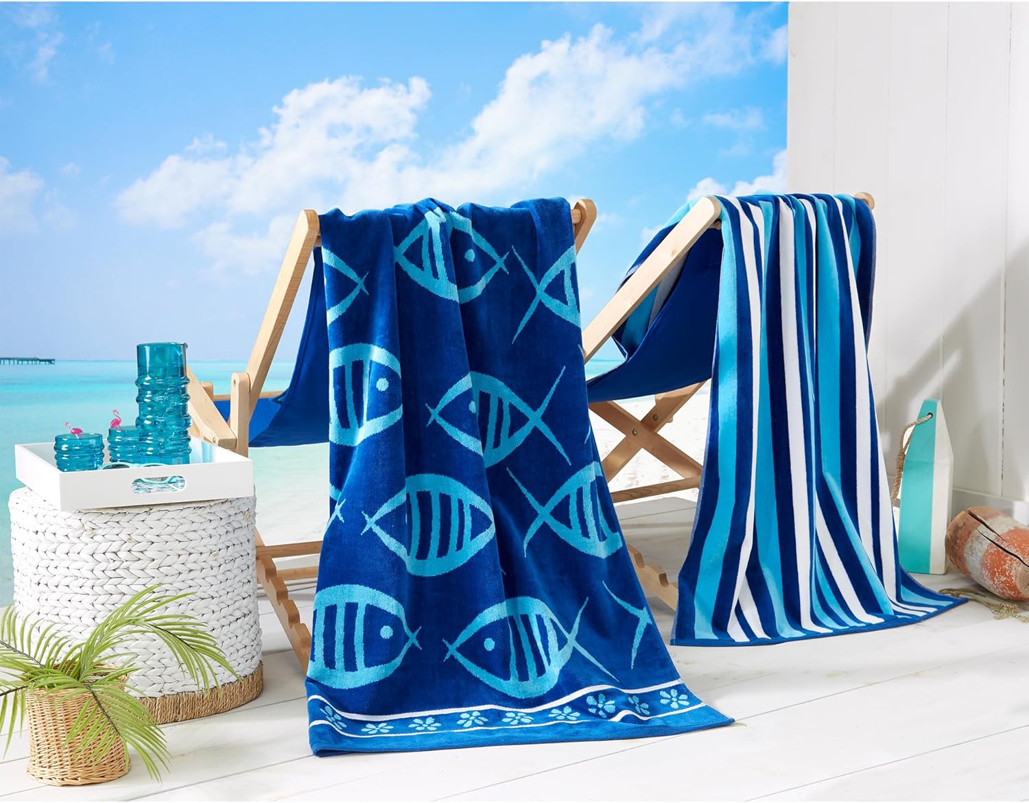 Great Bay Home 100% Cotton Beach Towels | 2 Pack of 30 x 60" Navy Pool Towels for Adults and Kids | Absorbent & Quick Dry Towels (Navy/Royal Blue Fish & Stripe)