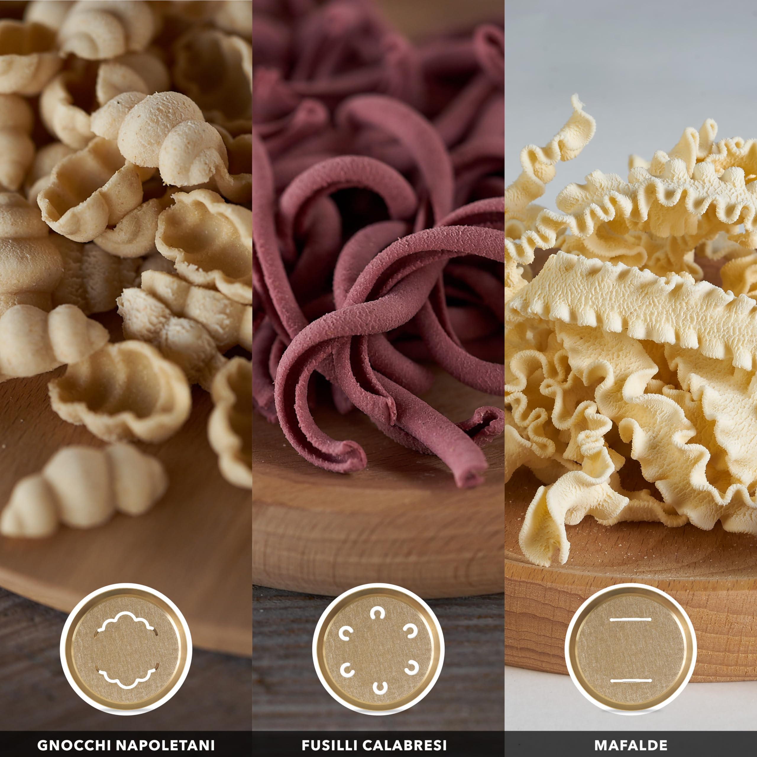 Pastaio Nudelmaschine mit 14 Aufsätzen, 3 aus Bronze, integrierte Waage, bis 800 g Teig, 19 Nudelsorten Classe Italy