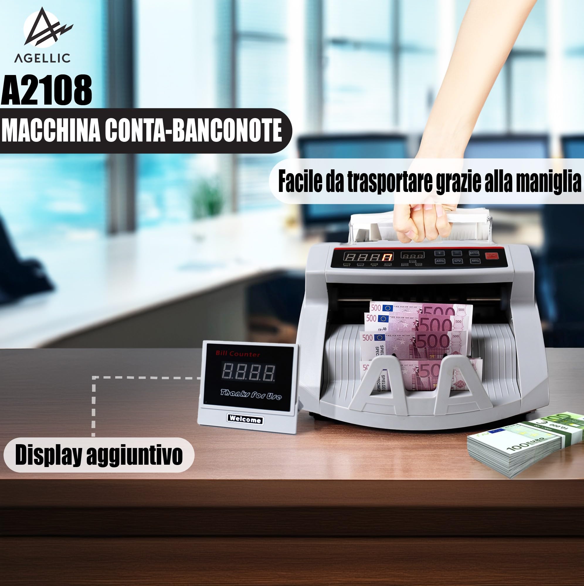 Conta Banconote | Macchina Conta Soldi Professionale | Rilevatore Banconote False 3-Fold | 1000 Banconote/min | Verifica Banconote e Controllo Soldi Falsi | Incl. Pennarello Banconote